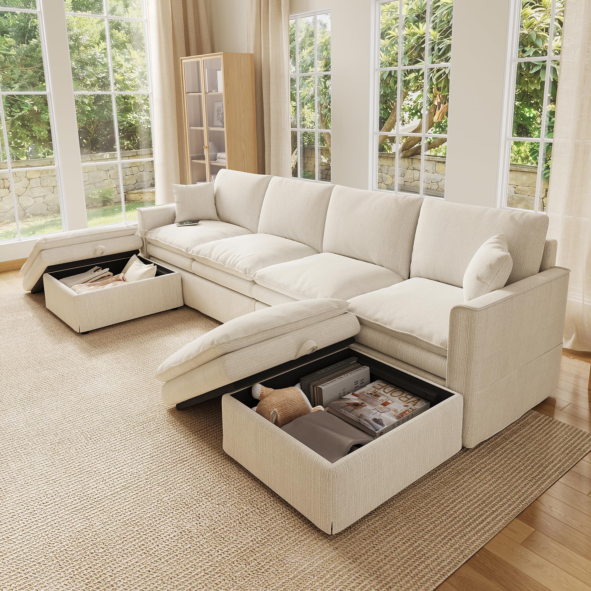 Divano Angolare U/L 6 Posti in Cotone-Lino Beige con 2 Pouf Portaoggetti, Divano Modulare a 6 posti con USB/Type-C e 2 Cuscini, per soggiorno/camera da letto