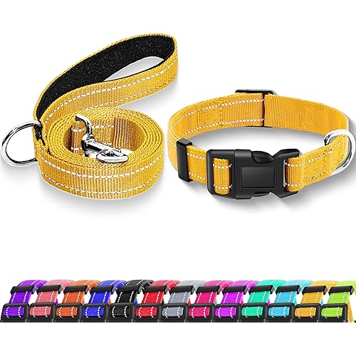 Reflective Dog Collar with Safety Locking Buckle, Adjustable Soft Breathable Nylon Collars for Small, Medium and Large Dogs(Collar+Leash S Width 3/4" Yellow)