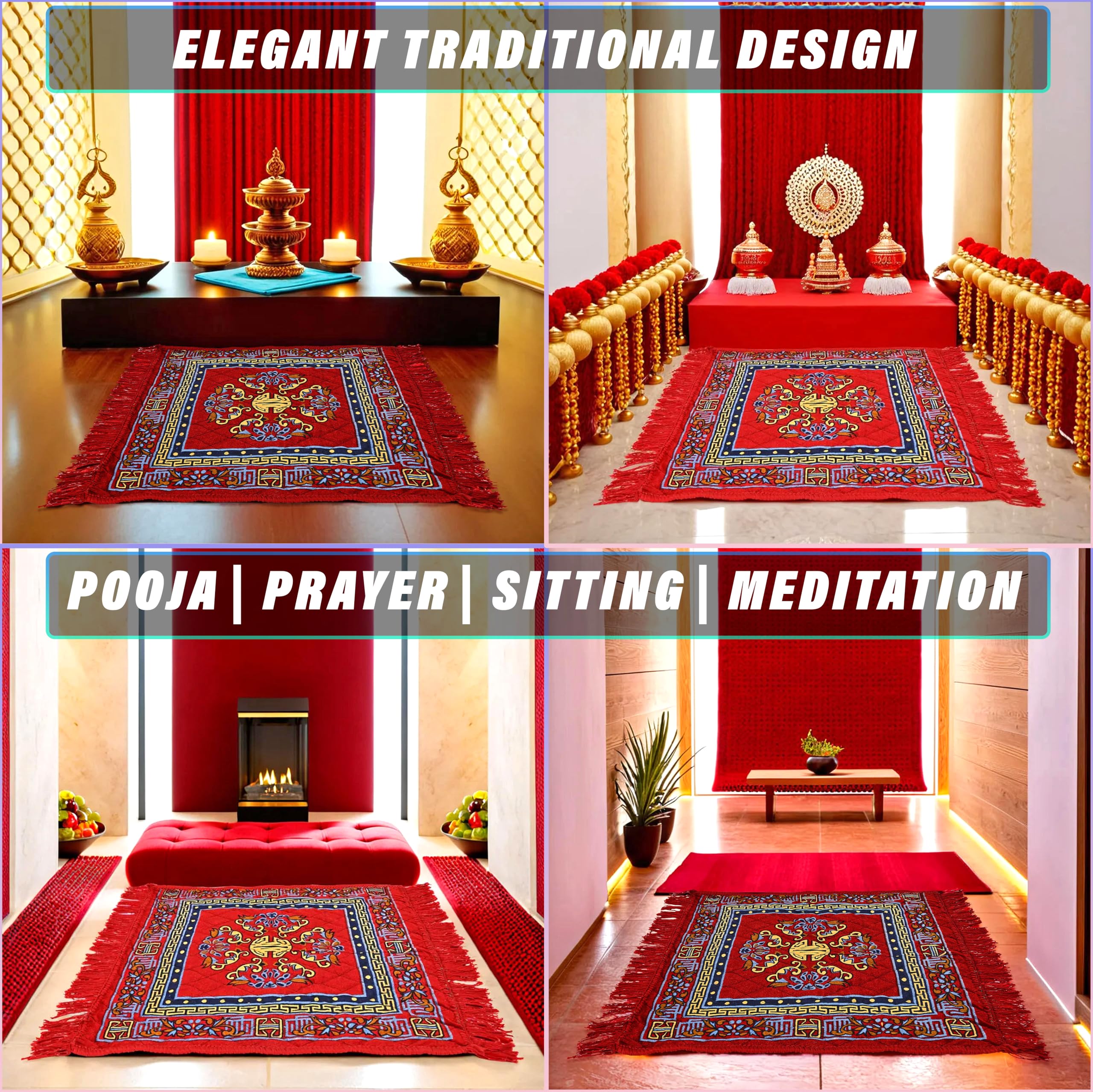 Kuber Industries (Set of 4) Traditional Asana for Puja - Soft Velvet Aasan for Pooja | Prayer | Sitting | Meditation - Small Carpet Mat Rug for Floor - (Red & Maroon Color) 3