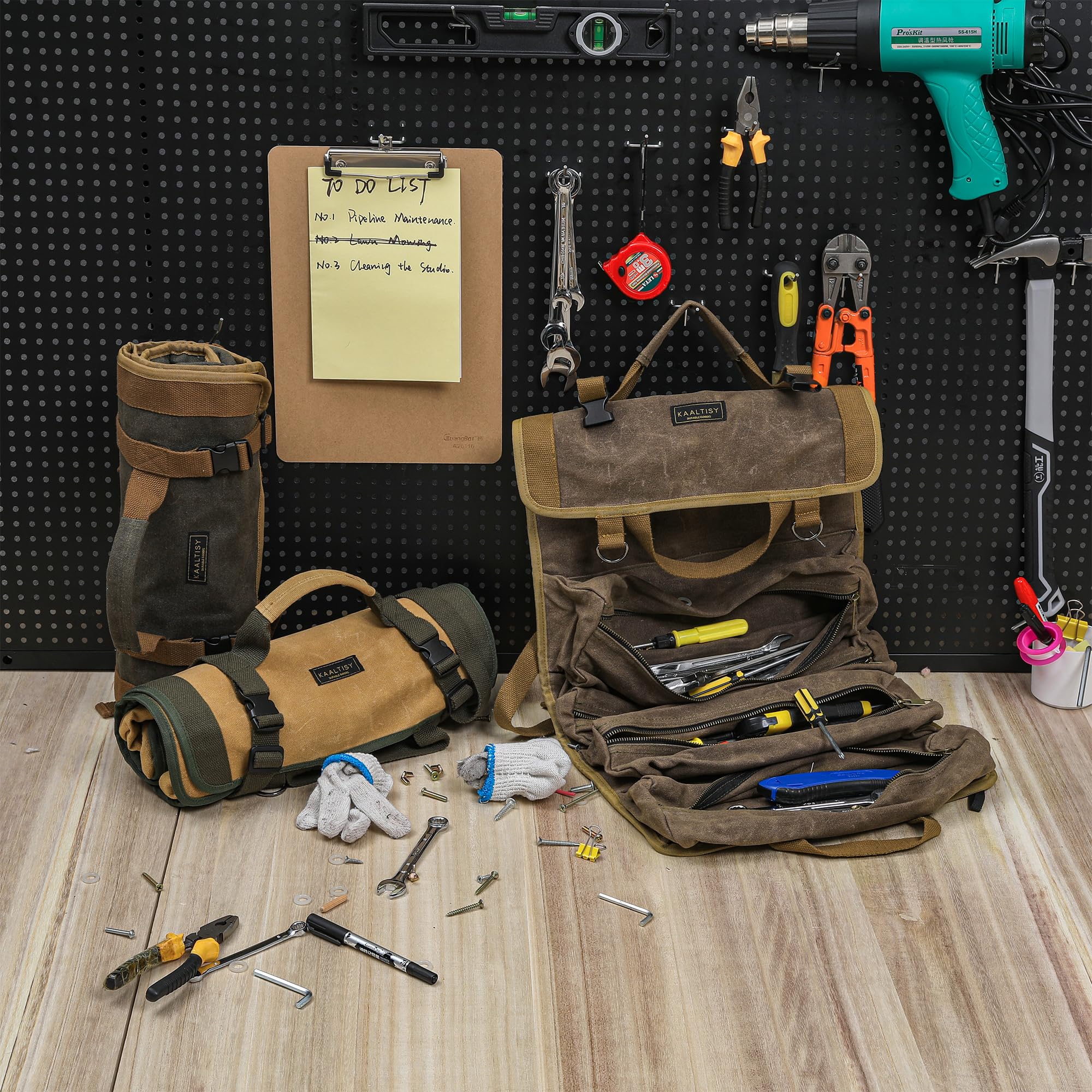 Rouleau de rangement pour outils | Sac de transport d'outils multifonction (4 poches et 1 rouleau amovible), sac à outils enroulable en toile cirée de 453,6 g – pour ensemble de marteaux, clés, ciseau