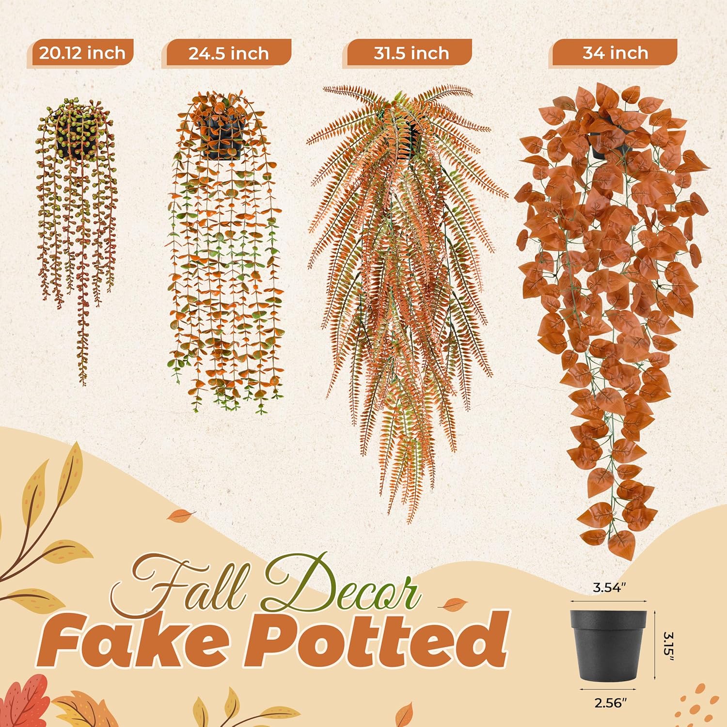 Der Rose 4Pcs Fake Fall Plants Hanging Orange Artificial Eucalyptus Plants, Boston Fern, Fake Potho, String of Pearls for Halloween Bathroom Table Centerpiece Wall Mantle Decor Indoor and Outdoor