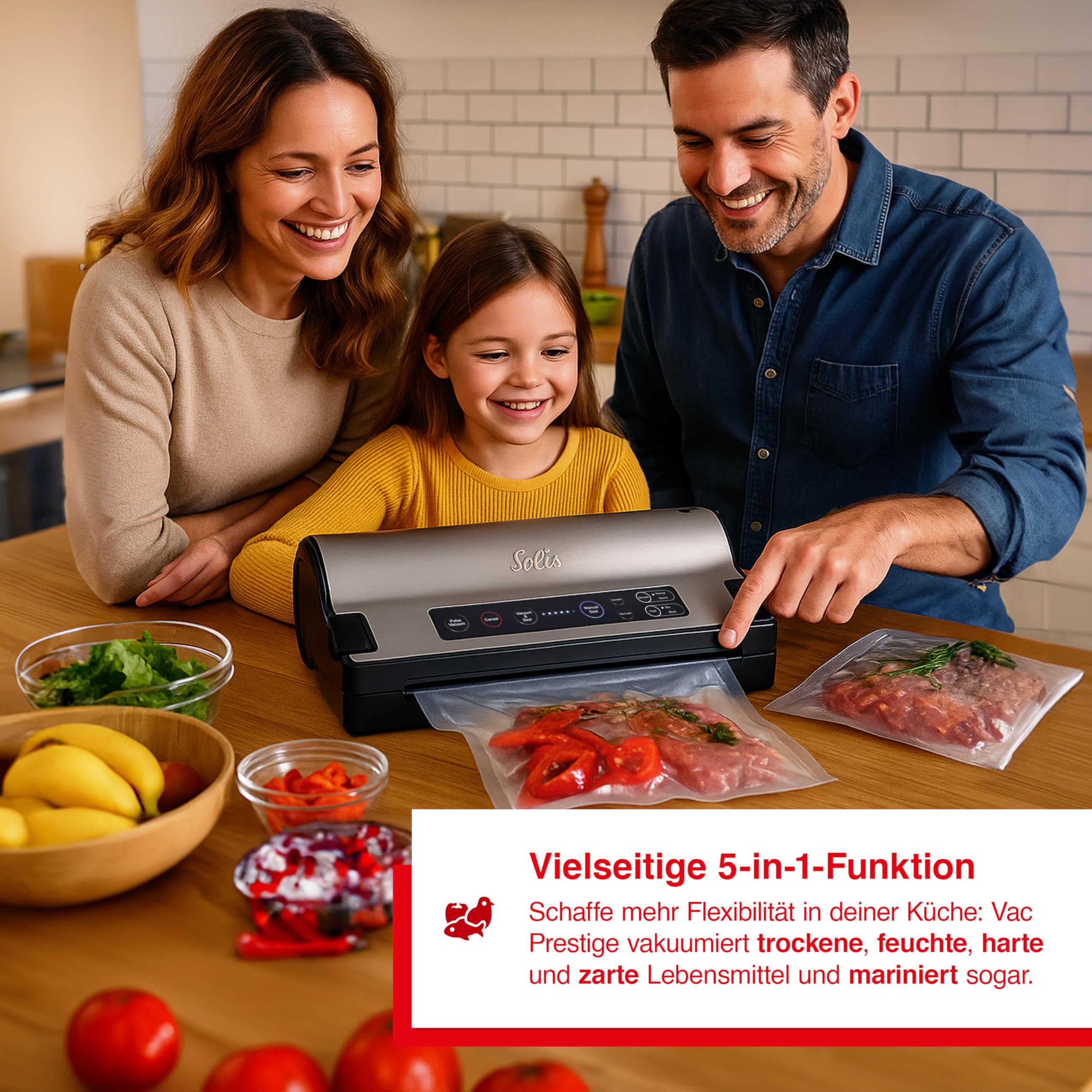 Solis Vakuumiergerät Vac Prestige 575 - Einschweißgerät für Lebensmittel - Vakuumierer/Folienschweißgerät mit Pulse- und Marinierfunktion | Automatik- & Pulse-Funktion, Marinier-Funktion, –0,8 bar Saugleistung, 130 W, inkl. Beutel & Rollen