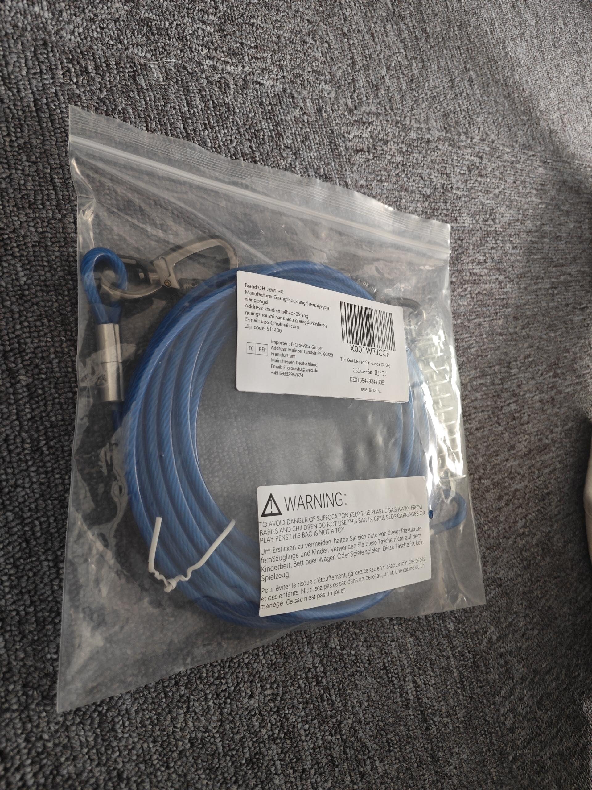 Cable de amarre azul para perros con gancho giratorio de resorte, cadenas de perro resistentes para exteriores, correas de cable para patio, camping, para perros de hasta 500 libras (3 m)