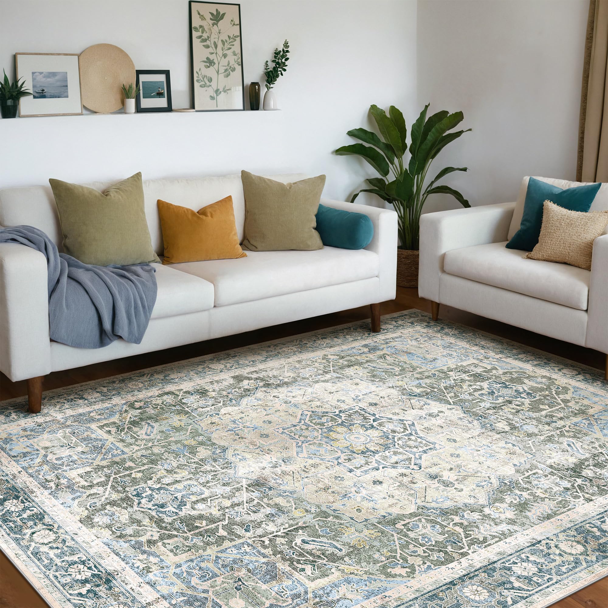 Kokia Large Area Rugs 6x9 Washable Distressed Floral Rug, Non-Slip Non-Shedding Vintage Carpet for Living Room Dining Room, Vintage Abstract Low Pile Indoor Bedroom Accent Rug, Octavia Blue