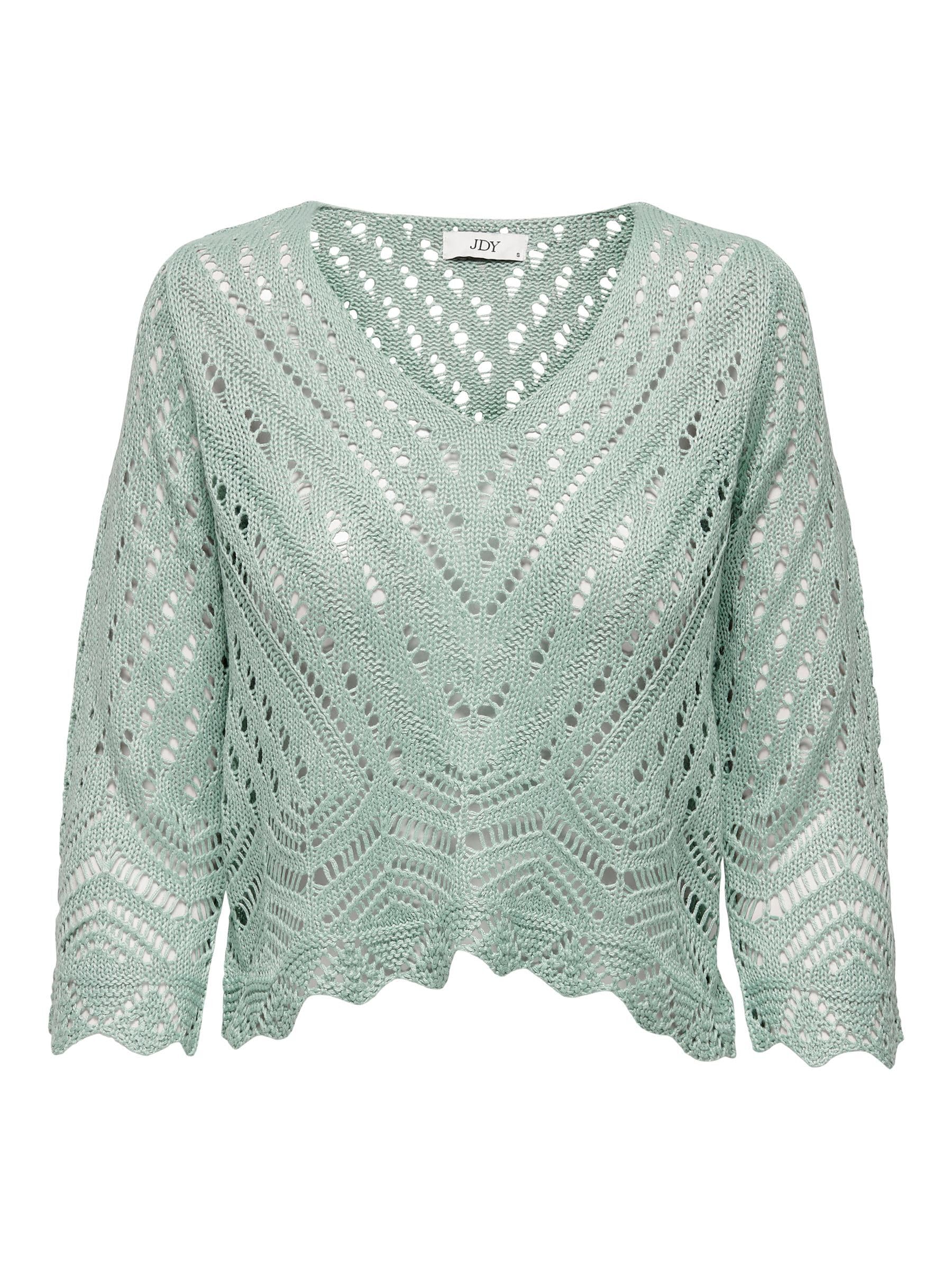 Jacqueline De Yong Women's Green Round-Neck Knitwear, Xs, New Sun 3/4 Cropped Pullover
