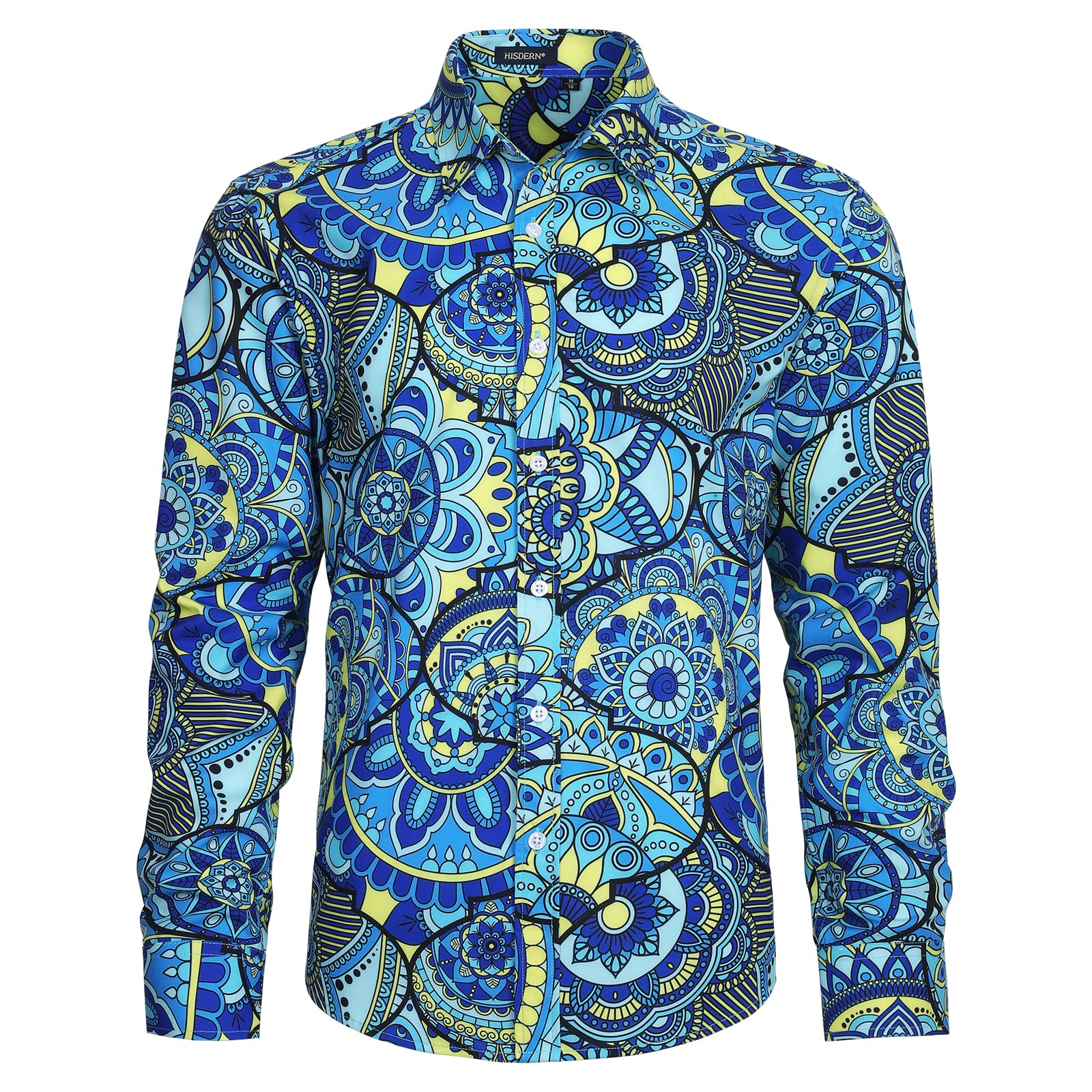 HISDERN Camisas de Hombre Camisas de Vestir con Botones de satén Camisa de Seda de Cachemira de Ajuste Regular de Manga Larga para Hombres Patrón único Floral Informal