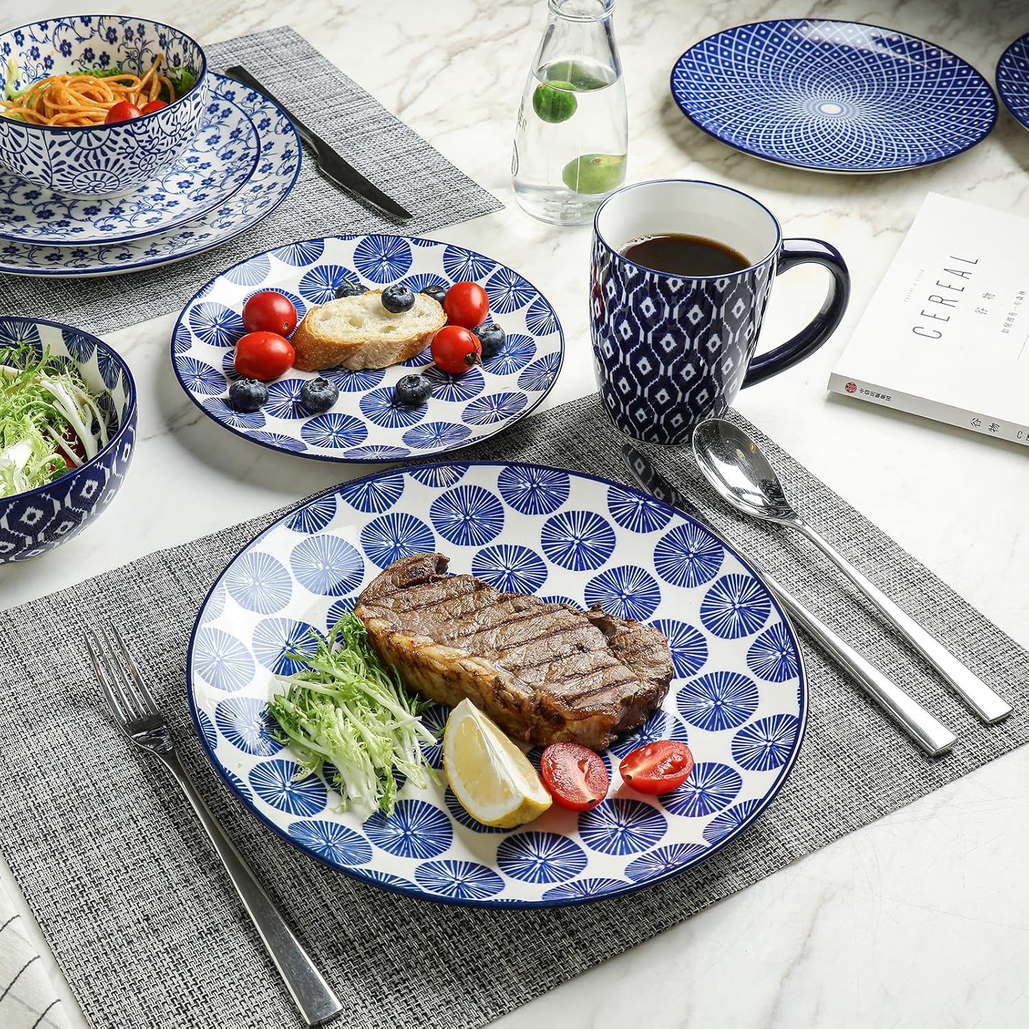 Selamica Ceramic Dinnerware Sets for 4, 16 Pieces Dishes Set, Scratch Resistant Plates and Bowls Sets, Microwave and Dishwasher Safe (Vintage Blue) A - Image 4