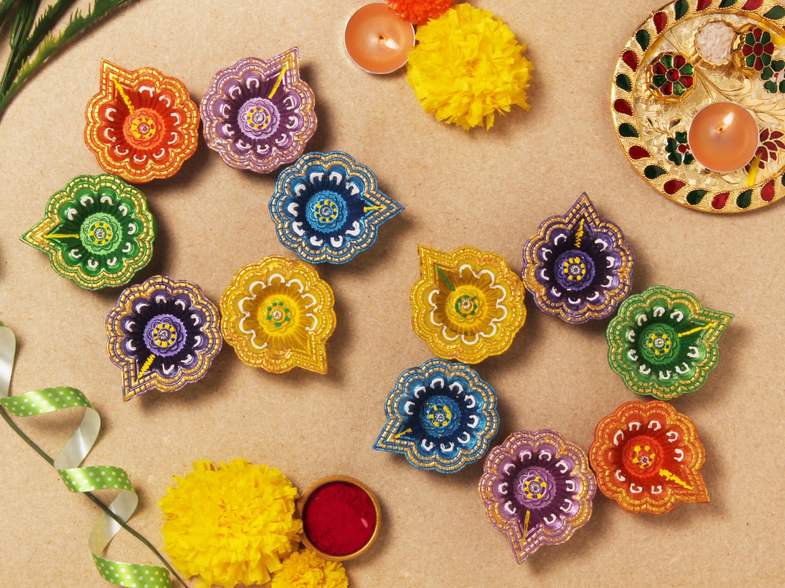 Handmade Terracoaat Set of 12 Multicolor Clay Diya for Diwali/Navratri Decorations Oil Lamp Diya Tea Light Holder Indian Decor Festival Gifts Puja Items-01DA (Multi)