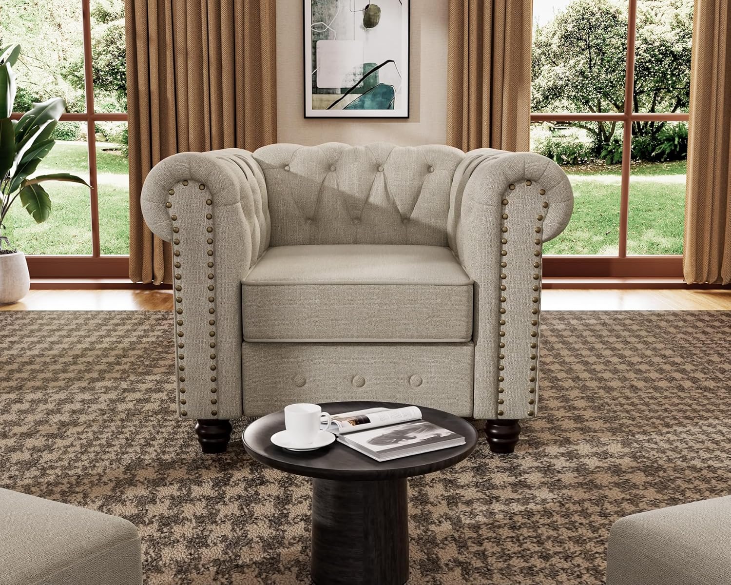 Morden Fort Classic Chesterfield Sofa Chair Set, Tufted Arm Chair Sofa with Solid Wood Legs Thick Cushion, Pet-Friendly Sofa Couch Chair for Living Room Bedroom Reading Room - Linen Beige