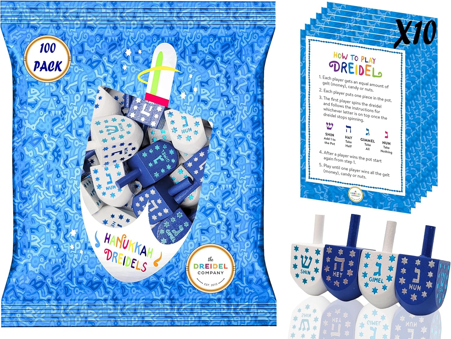 The Dreidel Company Hand Painted and Wooden Dreidel, 100-Pack Light Blue & White Star Design, The Hanukkah Game Includes Instruction Game Card