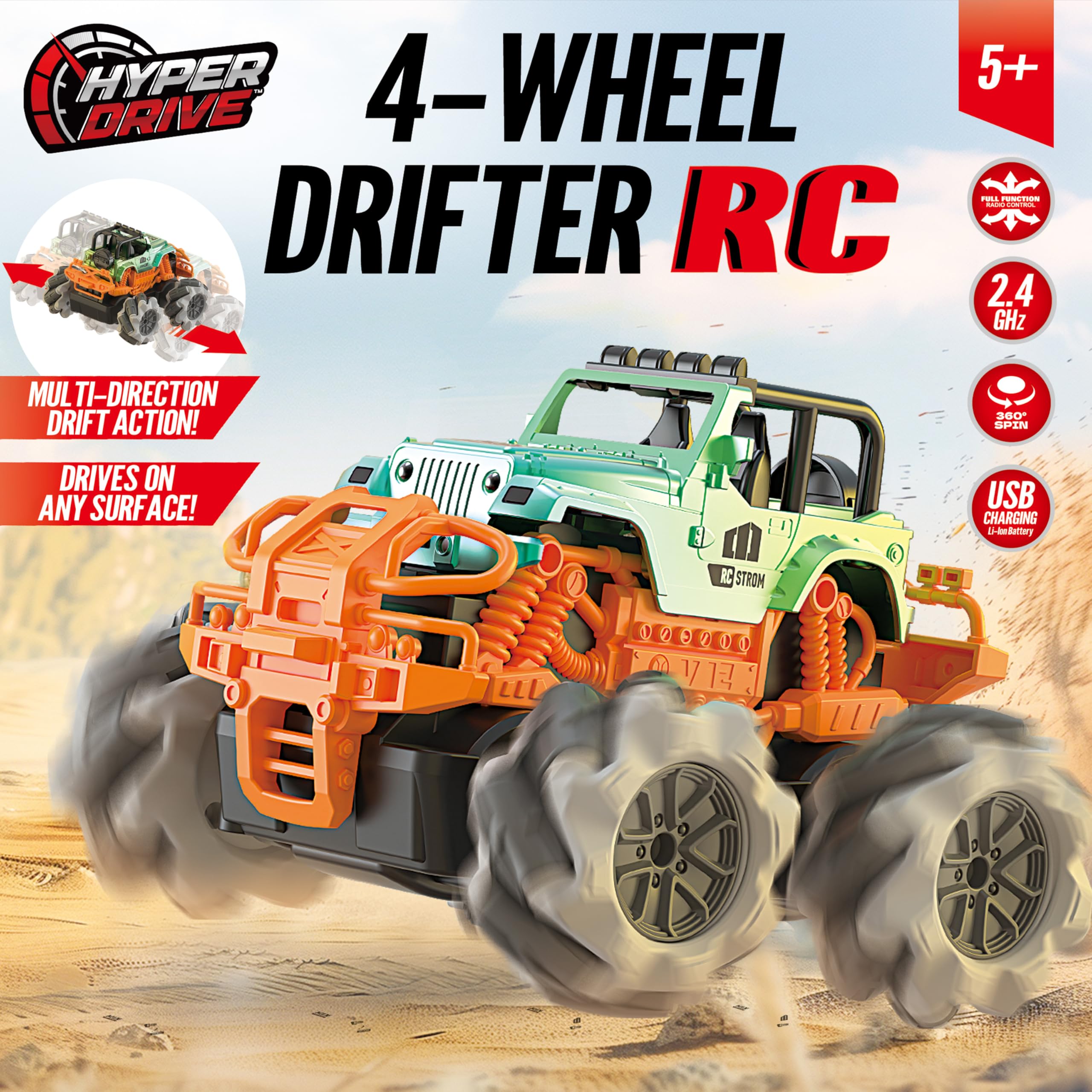 Hyper Drive RC Drifter 4-Wheel Drive 1:24 Scale Remote Control Car with Sideways Crab Movement, USB Rechargeable Battery, Metallic Finish