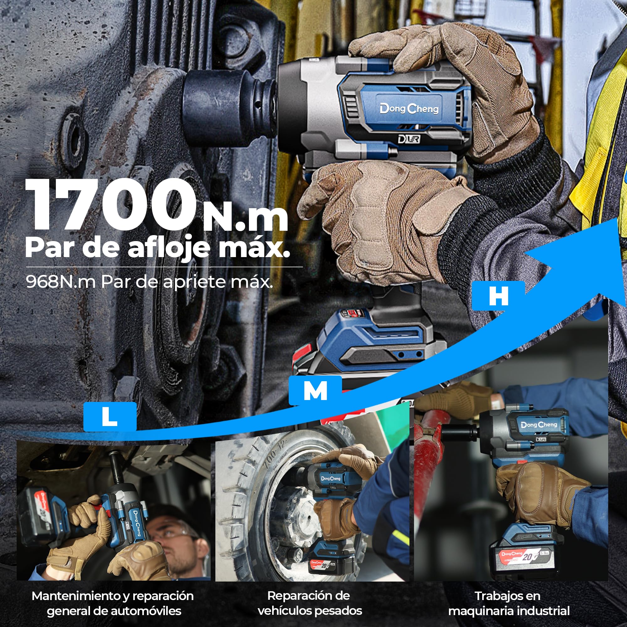 Dong Cheng Llave de impacto a batería sin escobillas 1/2", 1700 Nm, 3 vel (0-1900rpm), 2 bat 5Ah + cargador rápido + 3 dados + maletín. Para coches, camiones y maquinaria pesada