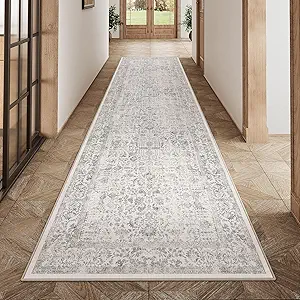 Gray Runner Rug 3x12 Hallway Machine Washable Kitchen Vintage Distressed Non Slip Long Carpet Indoor Grey Retro Floral Bedroom Accent Throw Rug for Bathroom Office Laundry Dining Living Room