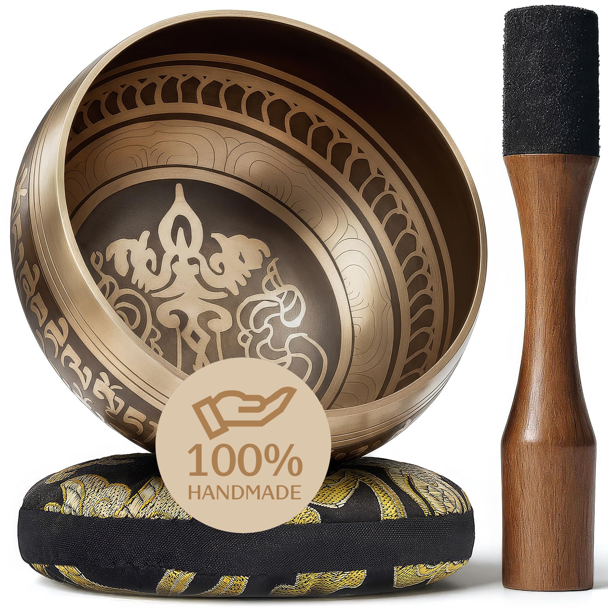 Handmade Tibetan Etched Singing Bowl Set – Sound Bowl & Meditation Bowl with Cushion, Mallet & Guide – Yoga Kit – Stress Relief Tools – Ancient Himalayan Meditation Tools