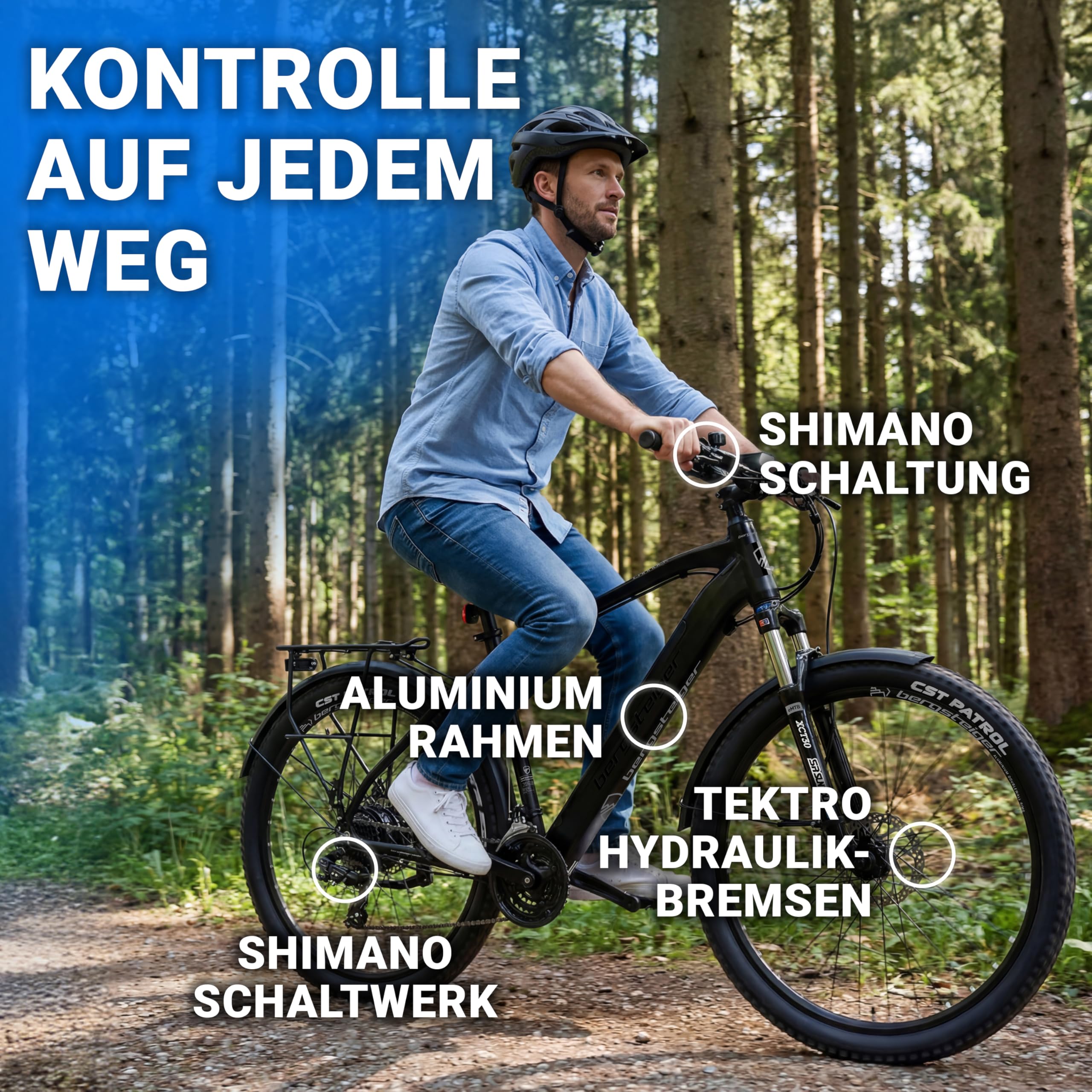 Bergsteiger Cannock E-Bike Mountainbike aus Aluminium mit Farbdisplay | Leistungsstarker 250 Watt Motor, Hydraulikbremsen und 24 Gänge bieten Fahrspass von 26 bis 29 Zoll fuer Herren und Damen.
