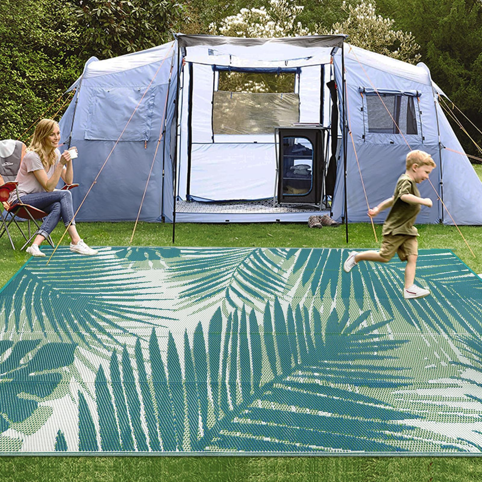 Tapis de camping imperméable Famibay, plastique réversible vert pour extérieur