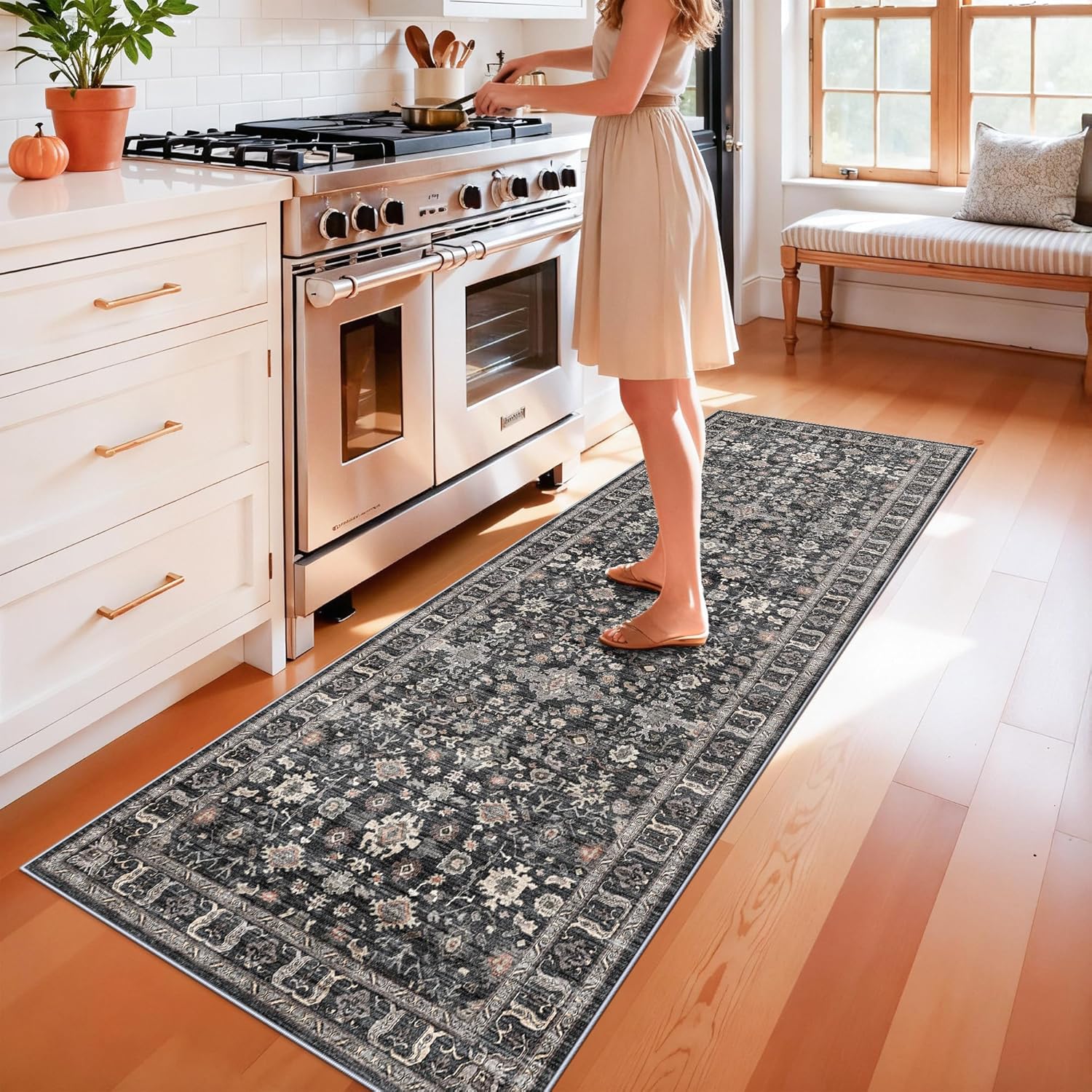 2x6 Hallway Washable Runner Rug: 6ft Kitchen Rugs with Non Slip Backing Low Pile Soft Floor Mat for Entryway Bedroom Beside Laundry Room Bathroom Living Room (Dark Black Gray, 2X6)