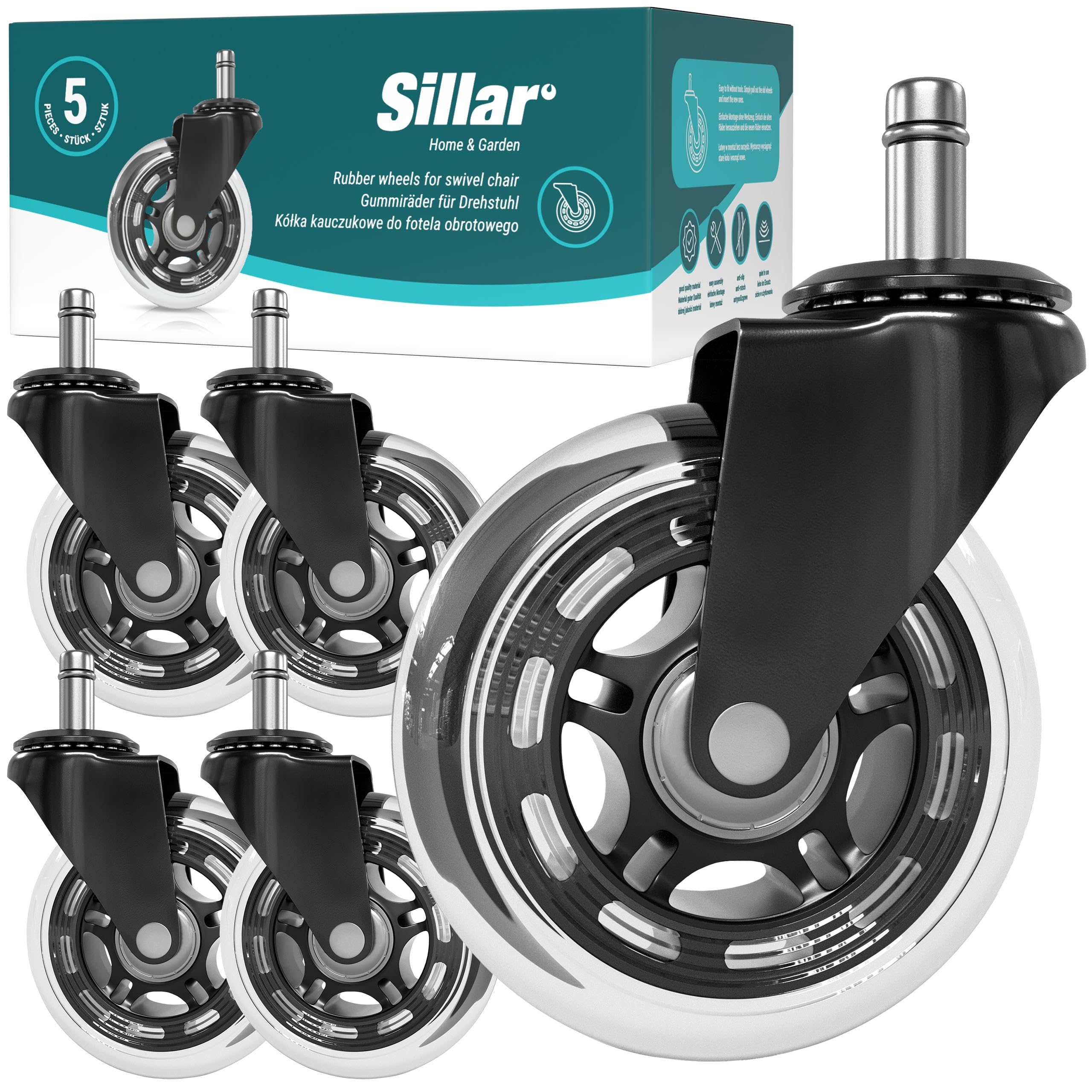 Lot De 5 Roulettes De Chaise De Bureau En Caoutchouc Noir Pour Sols En Bois Dur Et Moquette - Robustes - Ajustement Universel (PAS Pour 1KEA