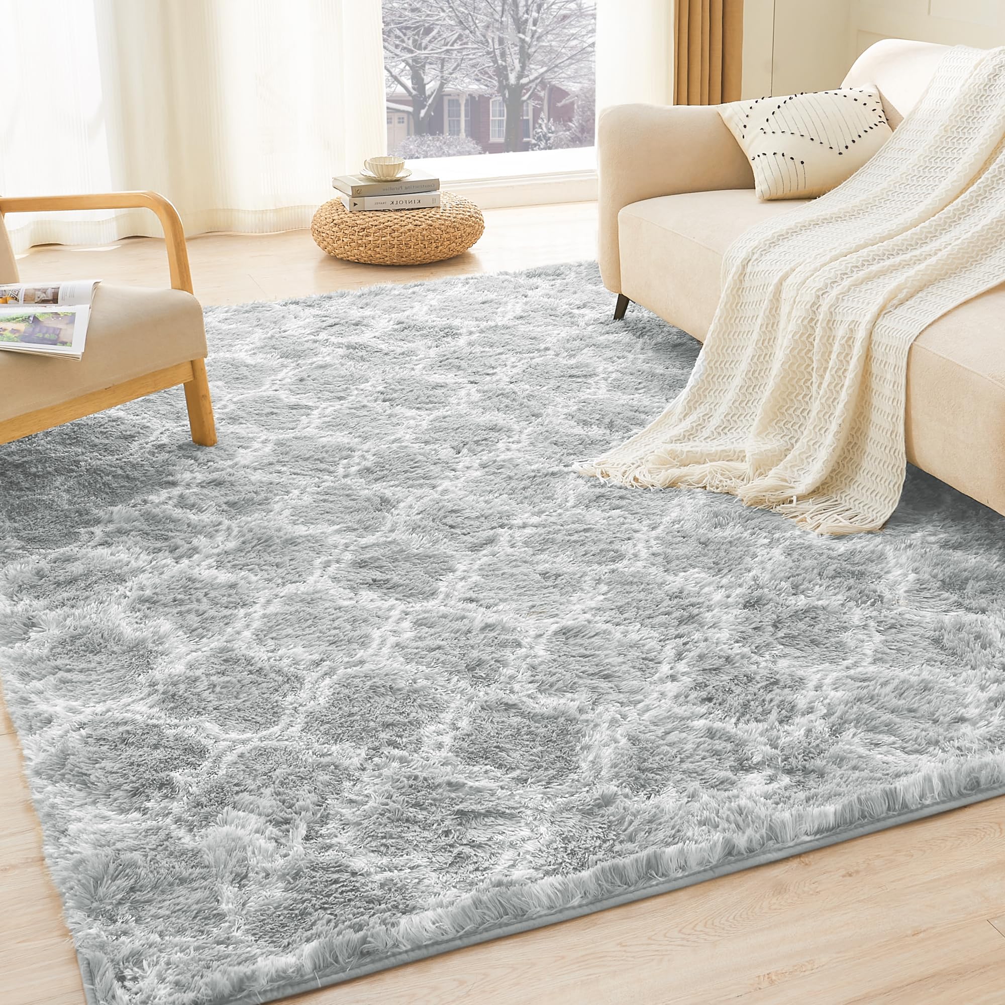 Litanika 8x10 Geometric Shag Area Rug for Bedroom, Light Grey and White High Pile Ultra Soft Plush Shaggy Furry Bedside Playroom Dorm Carpet, Non-Slip