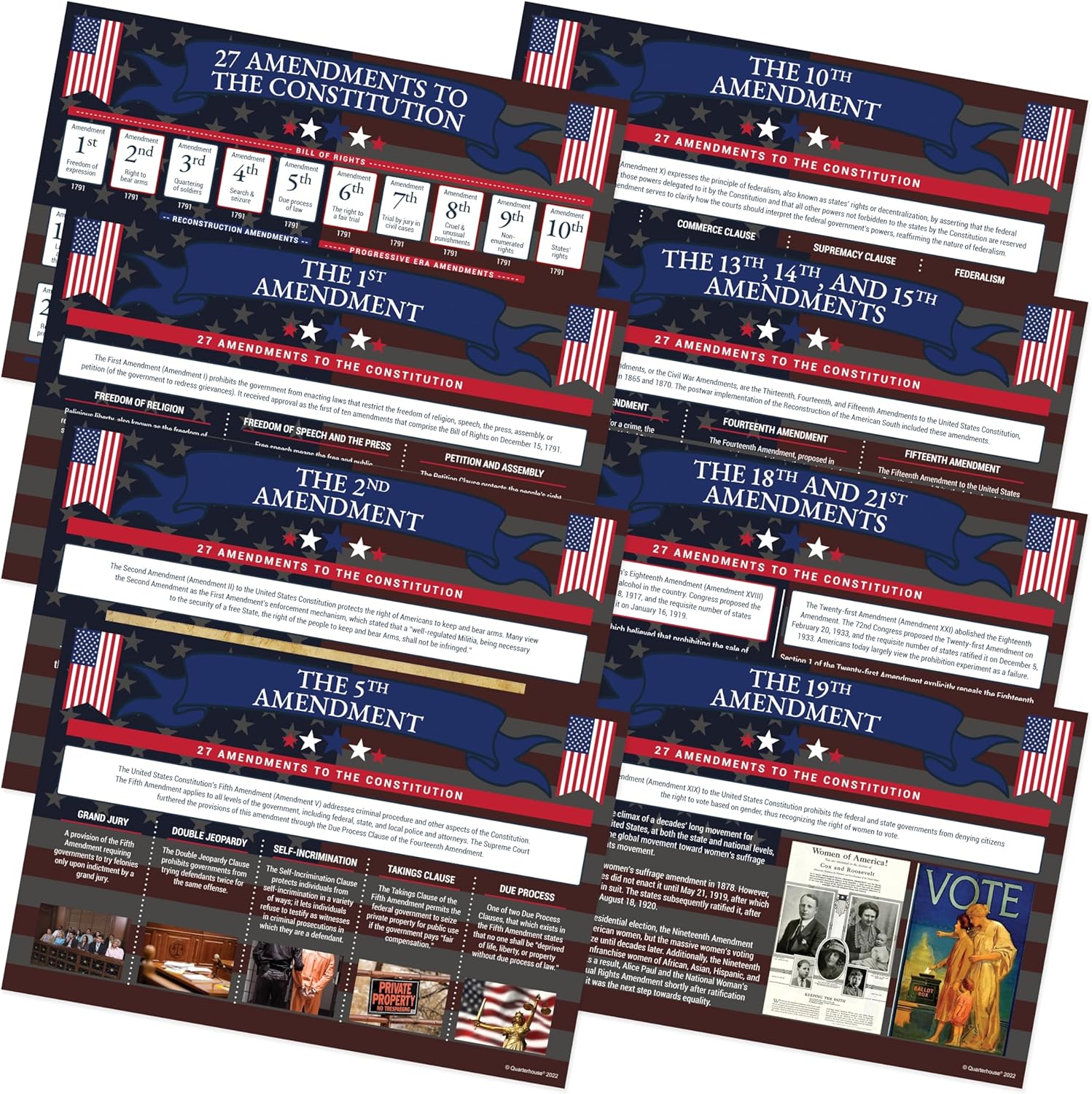 Quarterhouse 8 Poster 27 Amendments to the US Constitution (Bill of Rights Included) Set, Social Studies Classroom Learning Materials for K-12 Students and Teachers, 12 x 18 Inches, Made in USA
