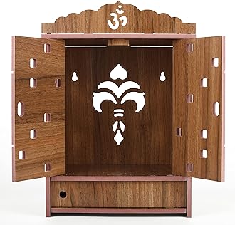 Beautiful MDF Wooden Temple,Home Temple, Pooja Mandir, Wall Hanging and Table Top Home Mandir Temple, Home Decor Beautiful Wooden Temple with Acrylic Om Design, (28*28*28 cm) (Brown)