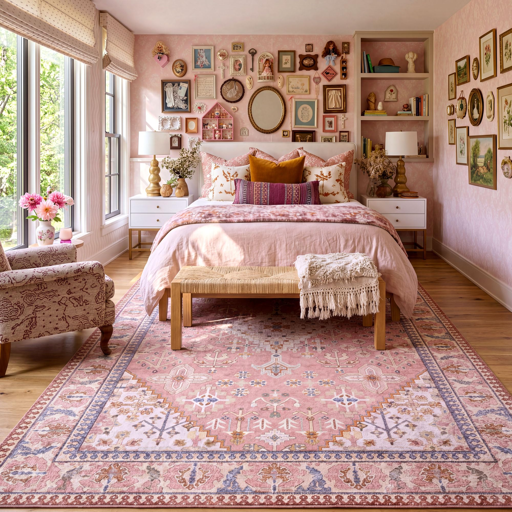 8x10 Boho Machine Washable Low Pile Area Rugs for Living Room Peach Pink