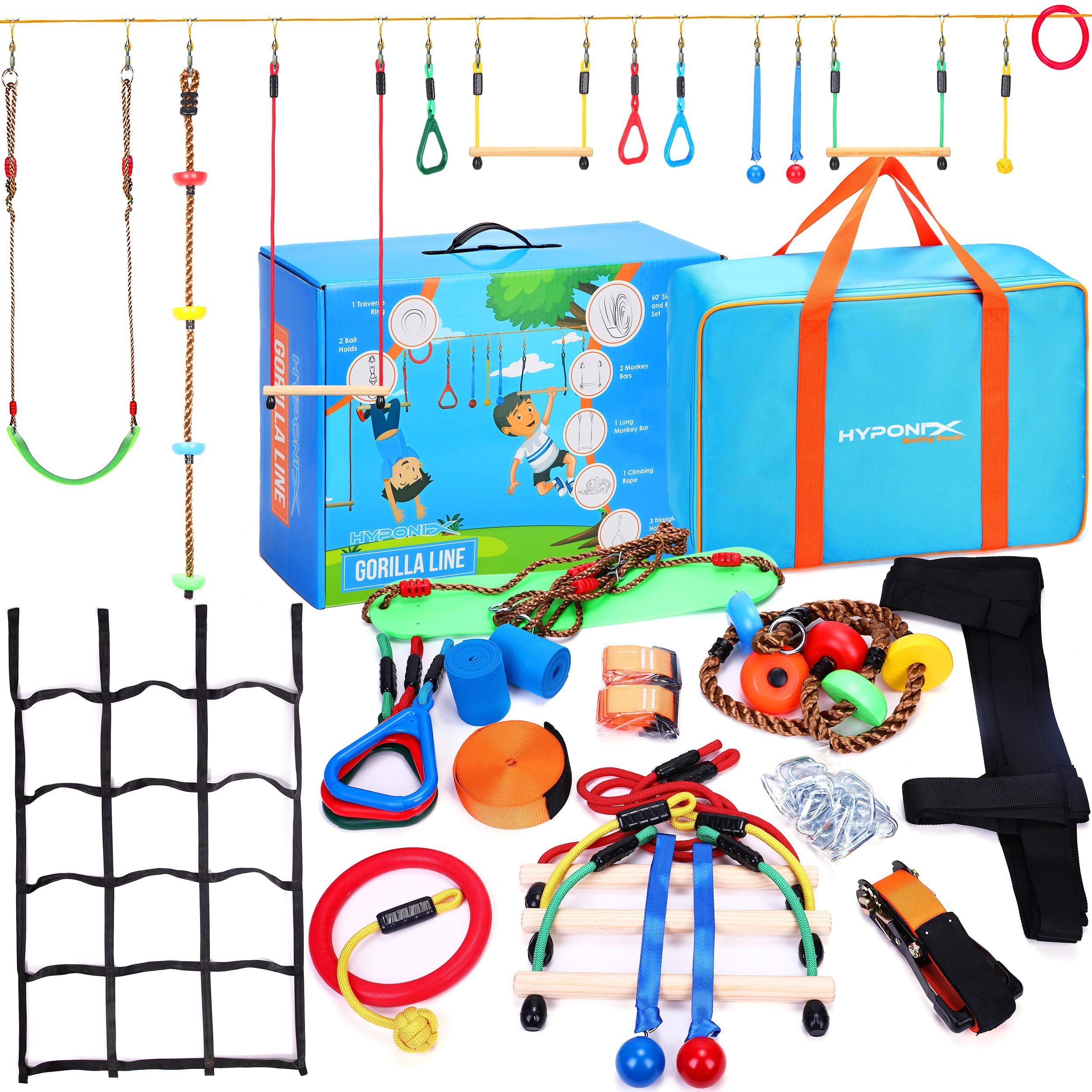 Ninja Warrior Obstacle Course for Kids, 2 x 60 ft Slackline Kit, Up to 880 Lbs, 10 Weatherproof Obstacles with Monkey Net, Ages 5-12, Easy Setup on Trees or Posts, Outdoor Ninja Course