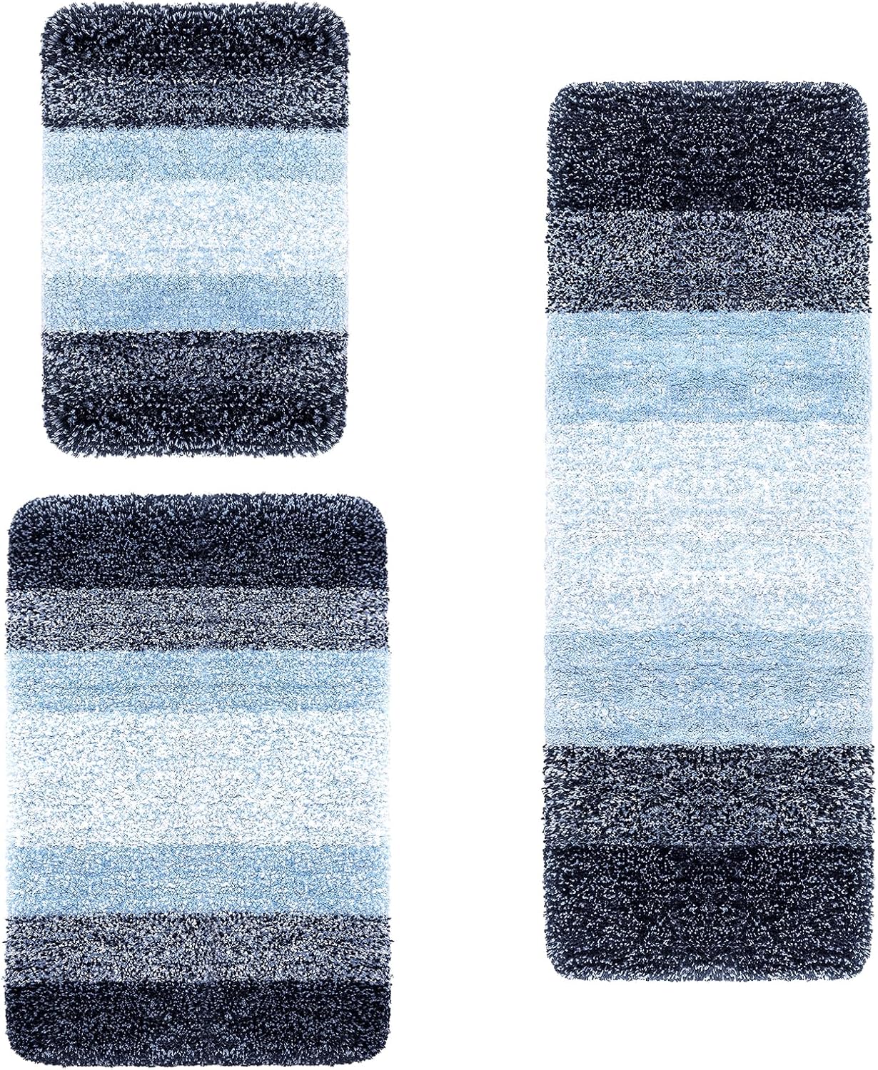 Arotive Microfiber Bathroom Rugs 3 Pieces, Bath Rug Size 24x16, 30x20 and Toilet Rugs Size 47x17 in Blue, 3 Item Bundle