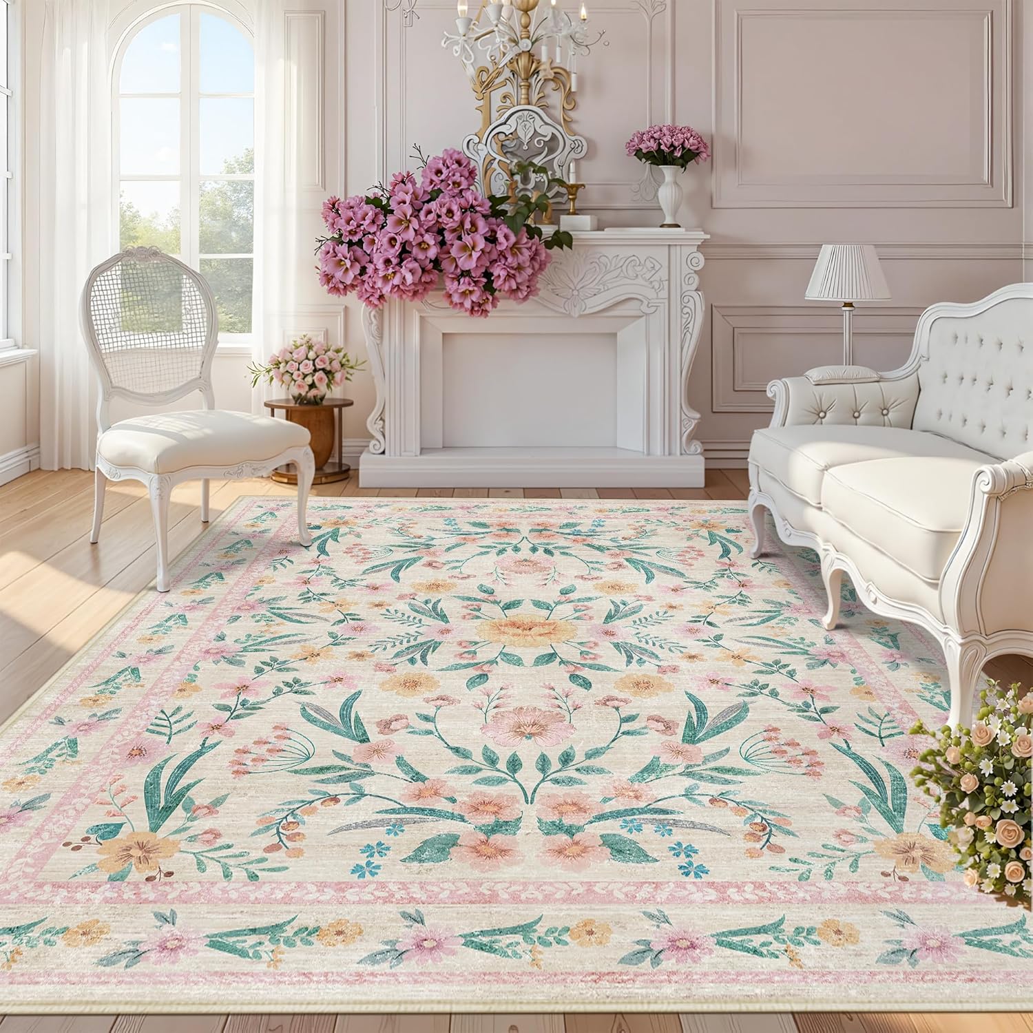 8x10 Pink Floral Area Rug,Large Washable Living Room Carpet for Girls Bedroom, Nursery or Playroom,Boho Vintage Soft Non-Slip Rug for Kids or Teen Girl Room Decor Pink 8 x 10 ft