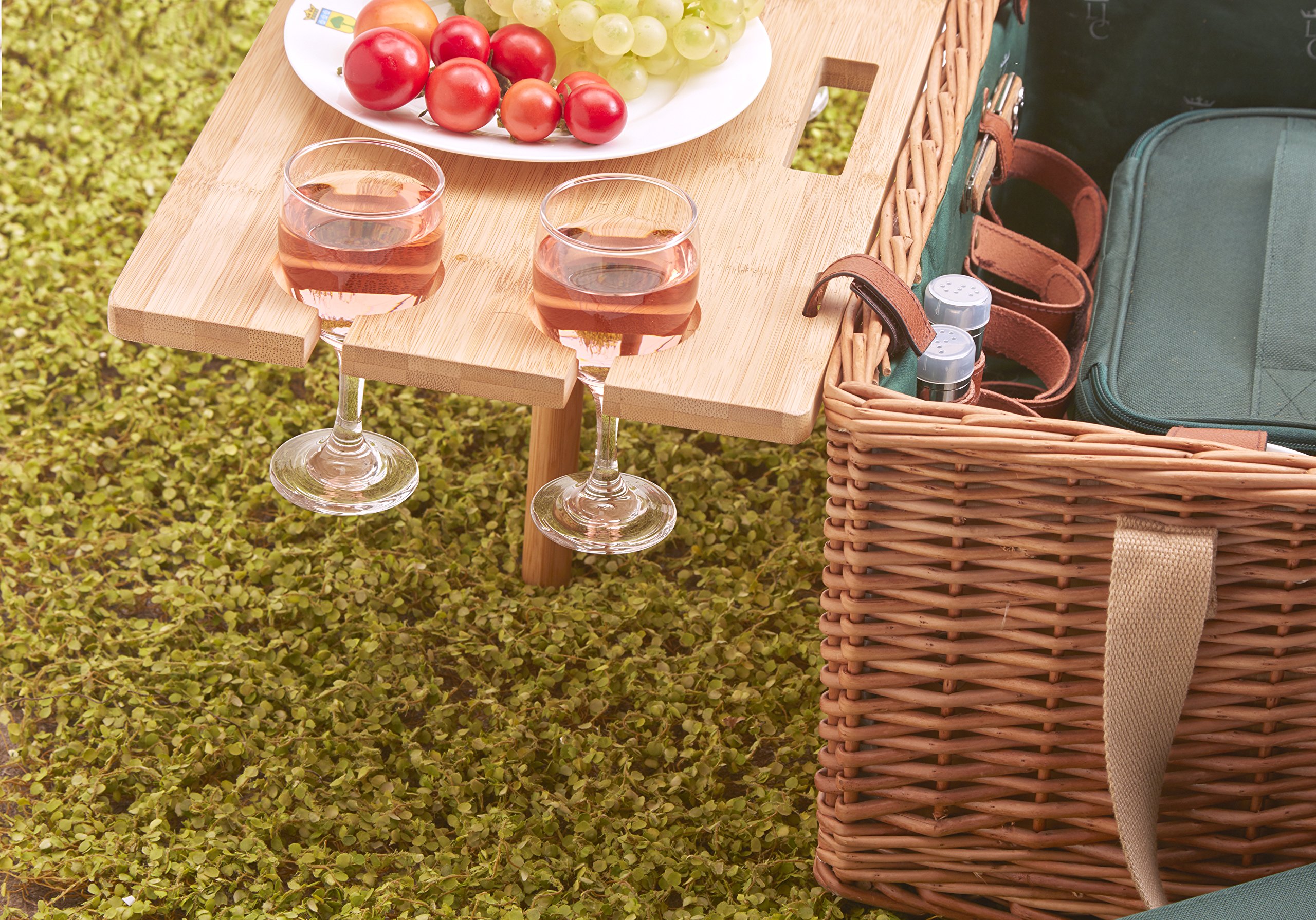 Les Jardins de la Comtesse - Cestino da Picnic Saint Honoré Verde - Vimini Naturale - Cinghie di cuoio - 4/Pers - Tavolo/Scomparto Isotermico Rimovibile - Piatti/Bicchieri da Vino - 45 x 28 x 28 cm