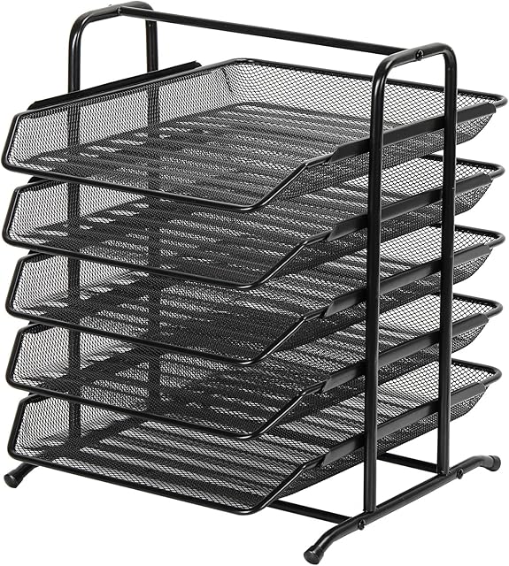 EasyPAG 5 Tier A4 Mesh in Tray Office Desk Tidy File Holder Document Storage Letter Paper Organiser,Black