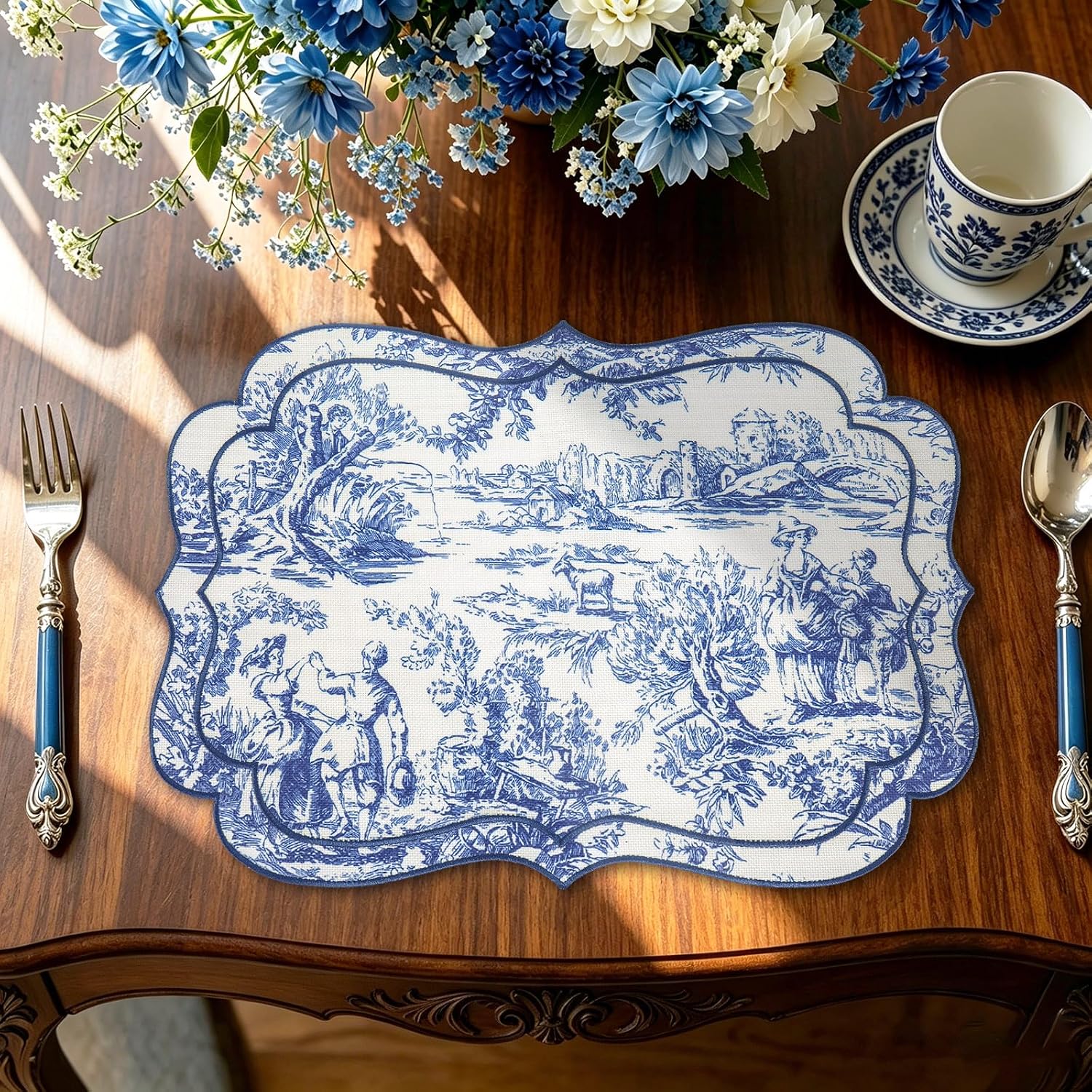 Whaline Blue Linen Placemats Vintage Scalloped Kitchen Place Mats for Birthday French Party Home Dining Table Decor, Set of 6, 13 x 19 in