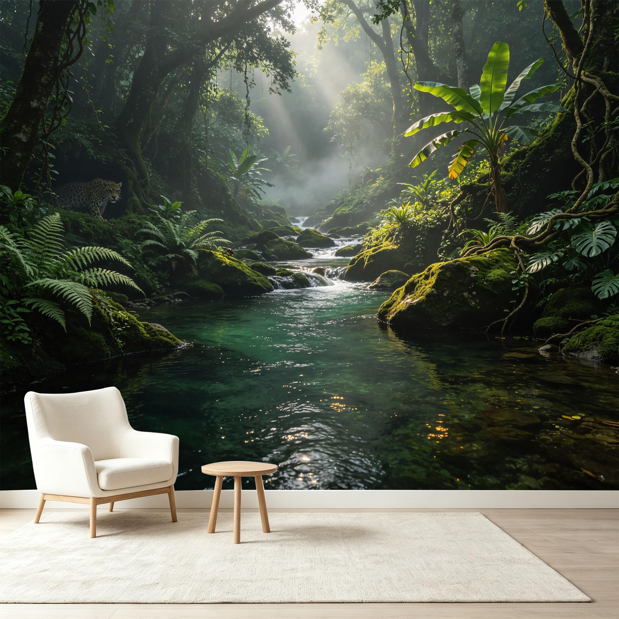 Custom Size Wall Murals Tropical Jungle Rainforest River Leopard Sunbeams Landscape Self-Adhesive Wall Fabric Removable Wallpaper Wall Decor for Living Room Bedroom Bathroom