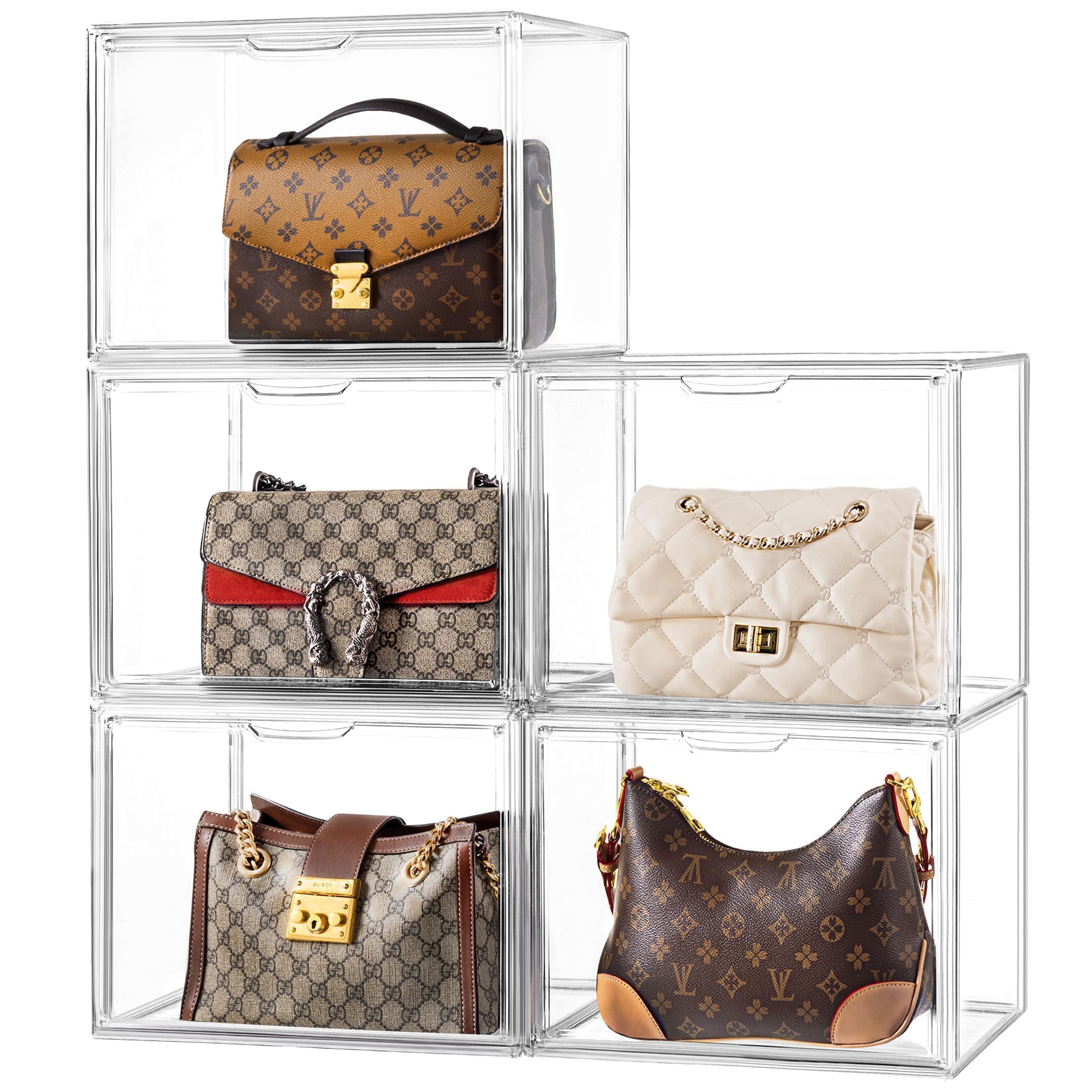 Paquete de 5 organizadores de almacenamiento de bolsos para armario, caja grande transparente apilable de bolsa con puerta magnética para coleccionables, cosméticos, tacones de mujer y juguetes
