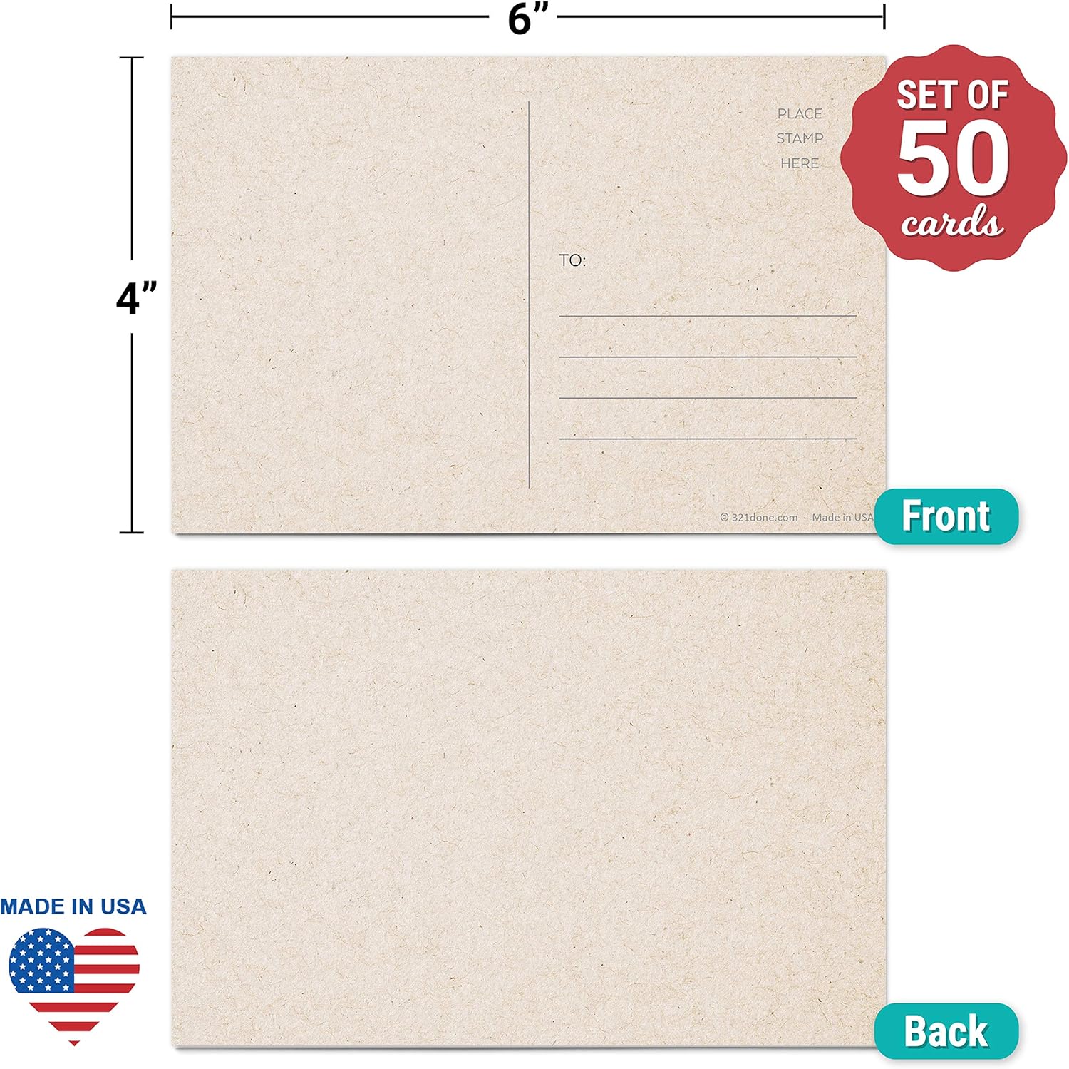 321Done Blank Kraft-Colored Postcards (Set of 50) 4" x 6" with Mailing Side, Plain Tan Card Stock, Create Your Own for Kids - Made in USA, Large - Image 2
