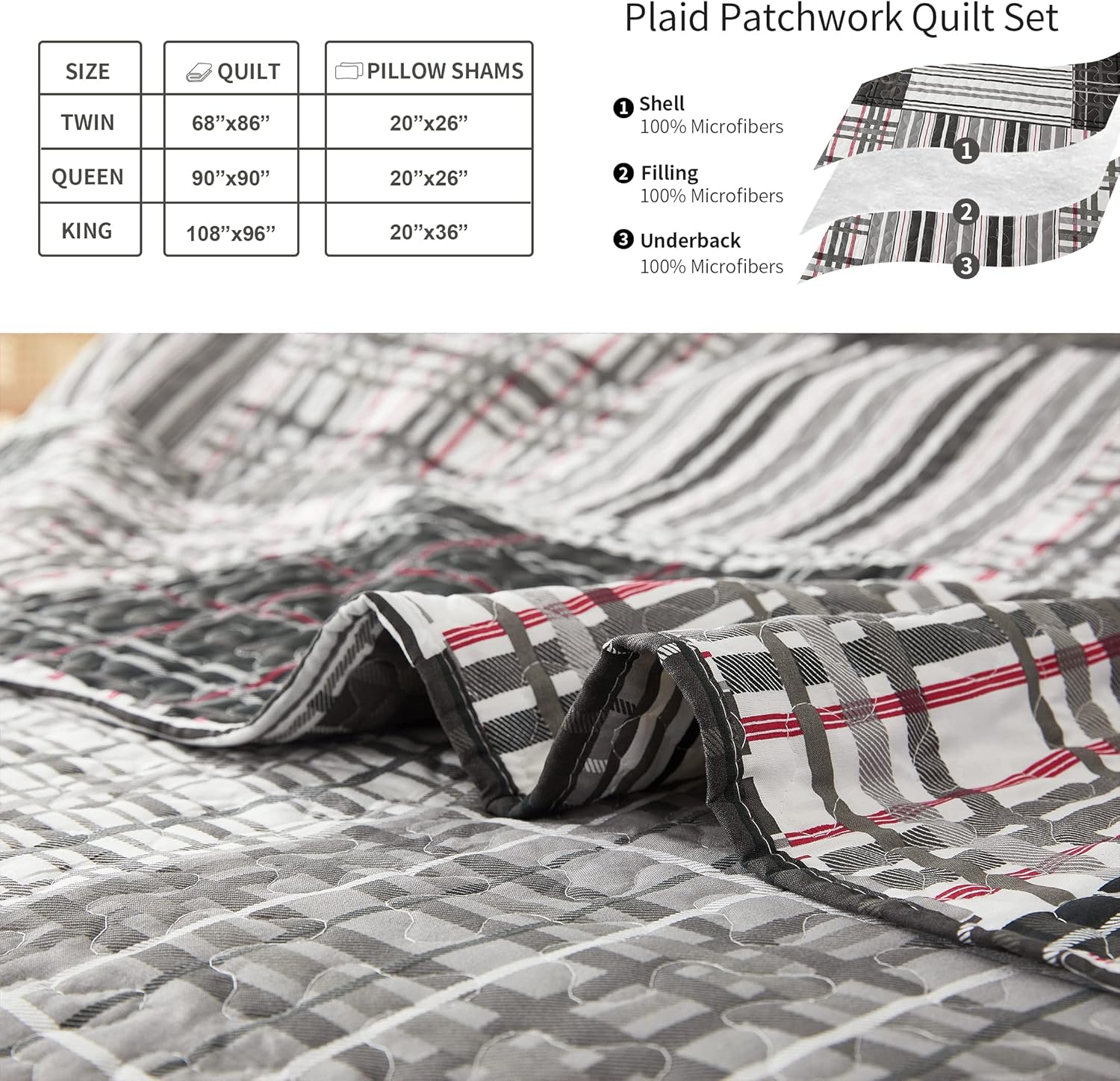 Bedspread Set Queen/Full Size Quilt Set Plaid Bed Spread Coverlet Black White Grey Plaid Patchwork Stripe Modern Quilt Bedspread Bedding Soft Lightweight Reversible Home Mens Quilts for Queen Bed - Image 6