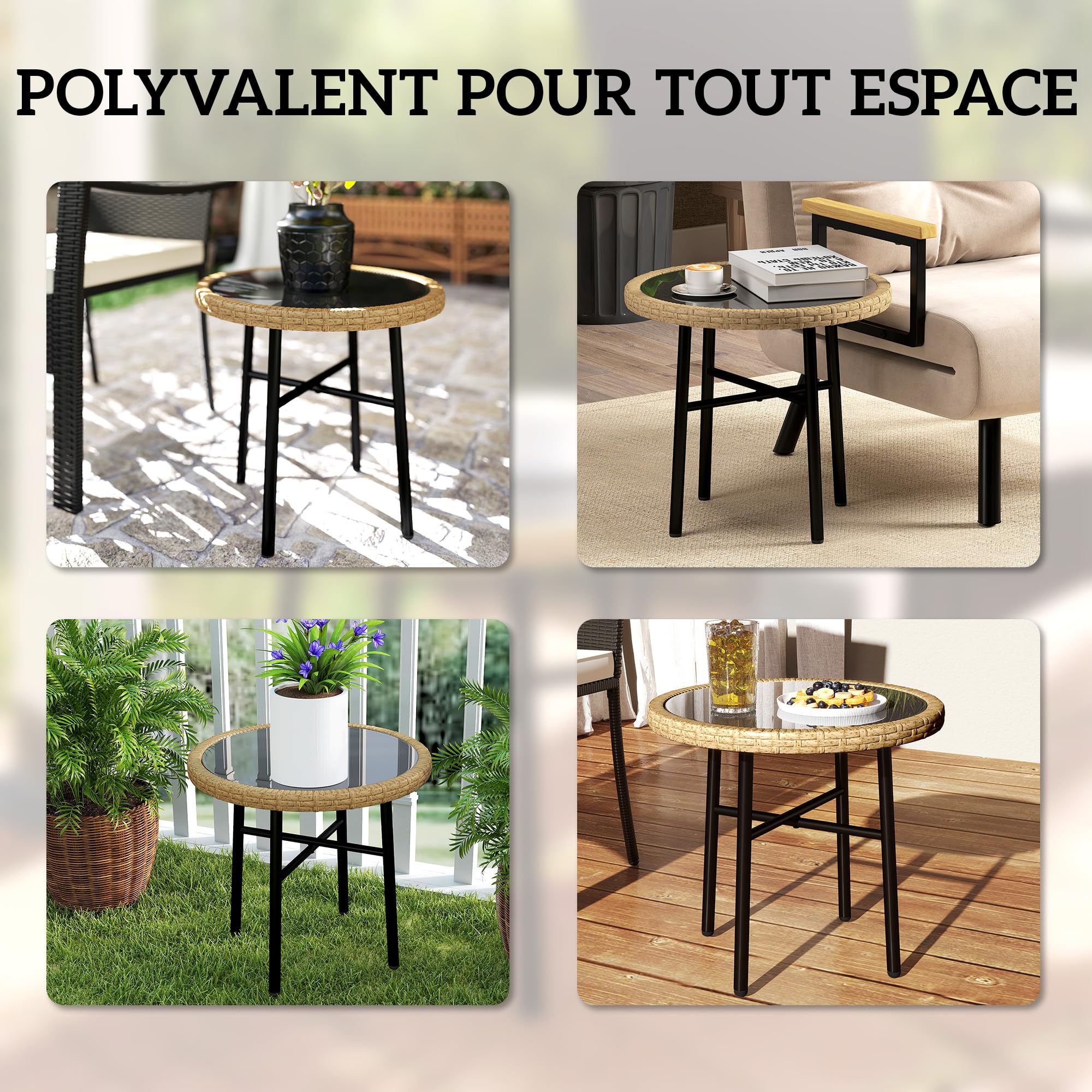 Outsunny Table Basse Ronde de Jardin en Résine Aspect Rotin, Acier et Plateau Verre Trempé Ø 46 cm, Naturel