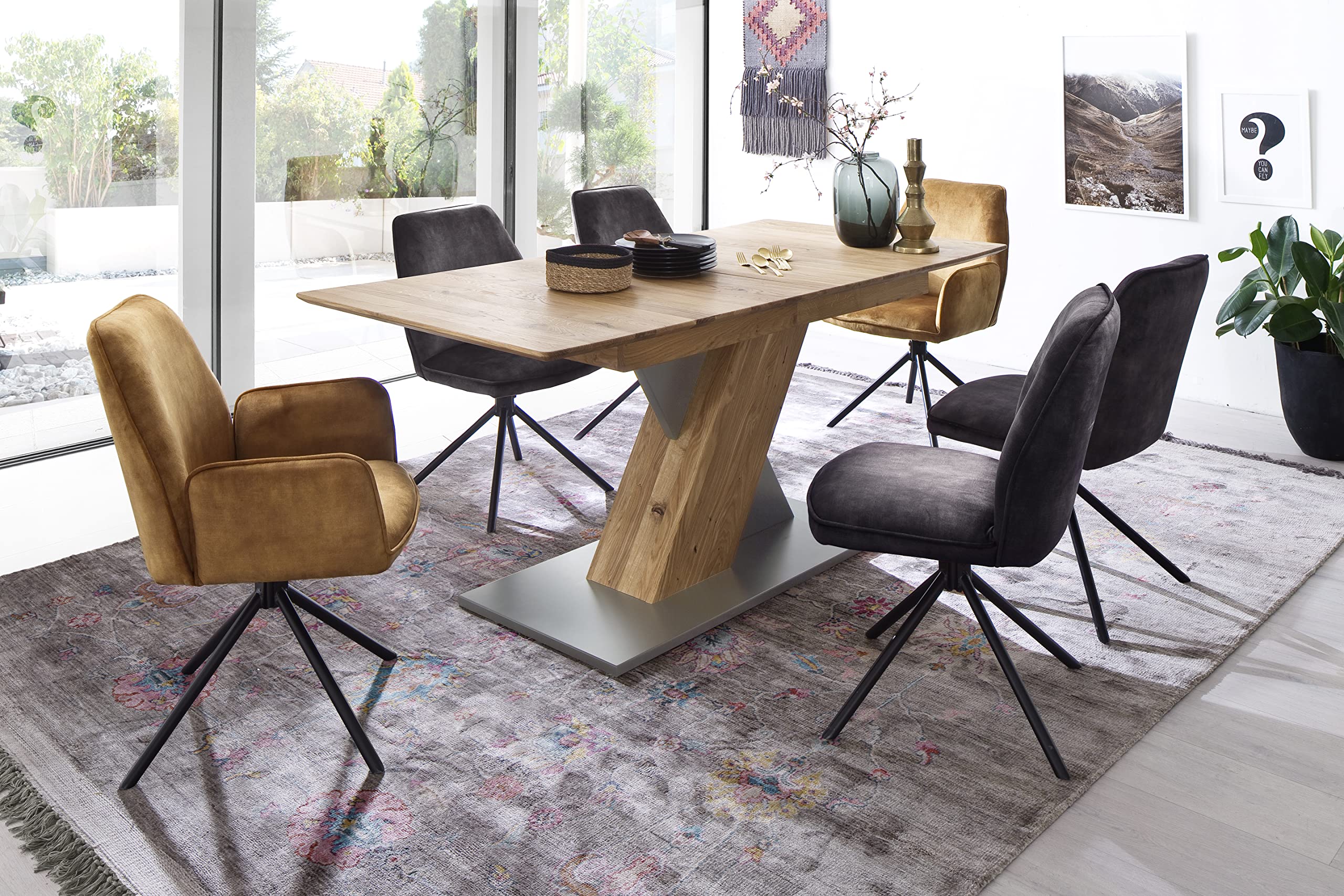 Robas Lund Set di 2 sedie per Sala da Pranzo, girevoli a 180° con livellamento Curry, Portata Fino a 120 kg, Sedia con Rivestimento in Tessuto, Effetto Velluto Vintage