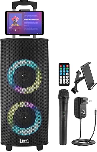 Pyle Sistema de altavoces PA Bluetooth portátil de 700 W - Altavoz recargable dual de 8 pulgadas, TWS, luz de fiesta, pantalla LED, FMAUXMP3USBSD,