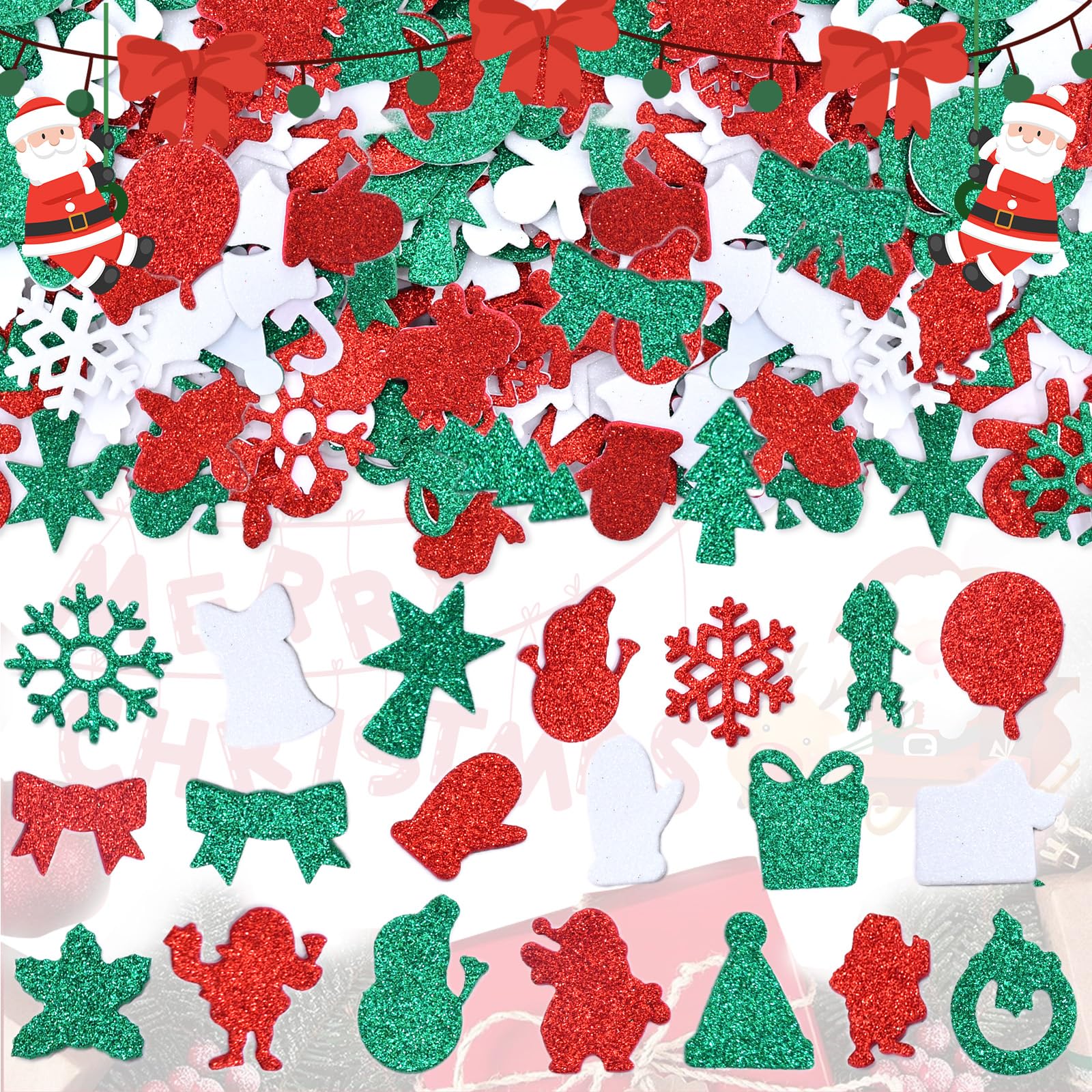 300 Stück Weihnachts-Glitzer-Schaumstoff-Aufkleber, verschiedene Weihnachtsmann, Schneeflocke, Baum, Glocke, Geschenk und Weihnachtsform, Schaumstoff-Aufkleber, selbstklebend, für Kinder, Basteln,