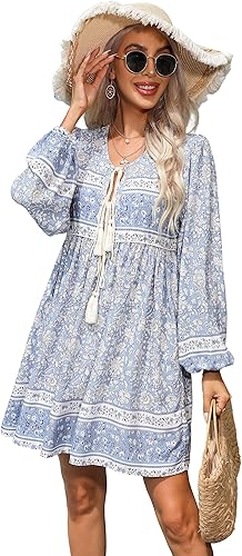 R.Vivimos - Mini vestido tipo túnica para mujer, de manga larga, con estampado floral, casual, de algodón