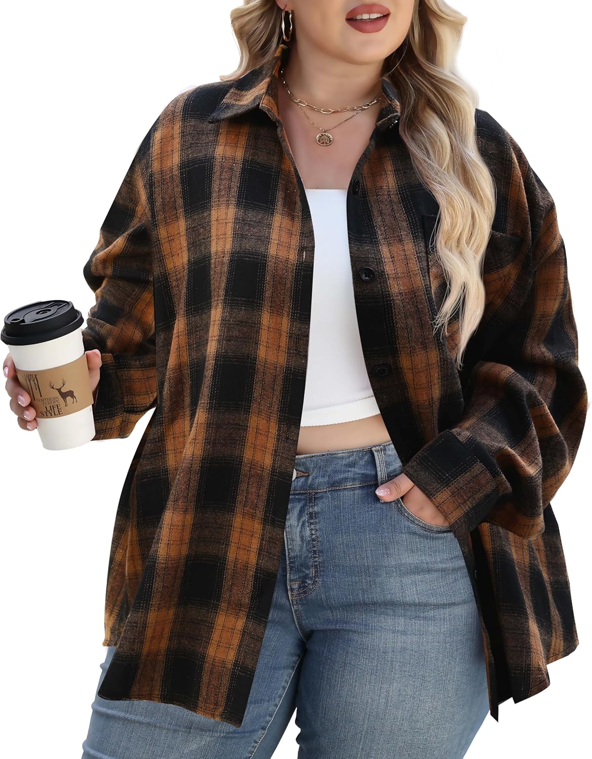 Womens Plus Size Buffalo Plaid Flannel Shirt Long Sleeve Collar Button Down Blouses Loose Lightweight Tops