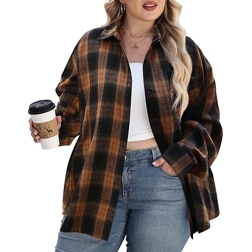 Dookttker Womens Plus Size Buffalo Plaid Flannel Shirt Long Sleeve Collar Button Down Blouses Loose Lightweight Tops