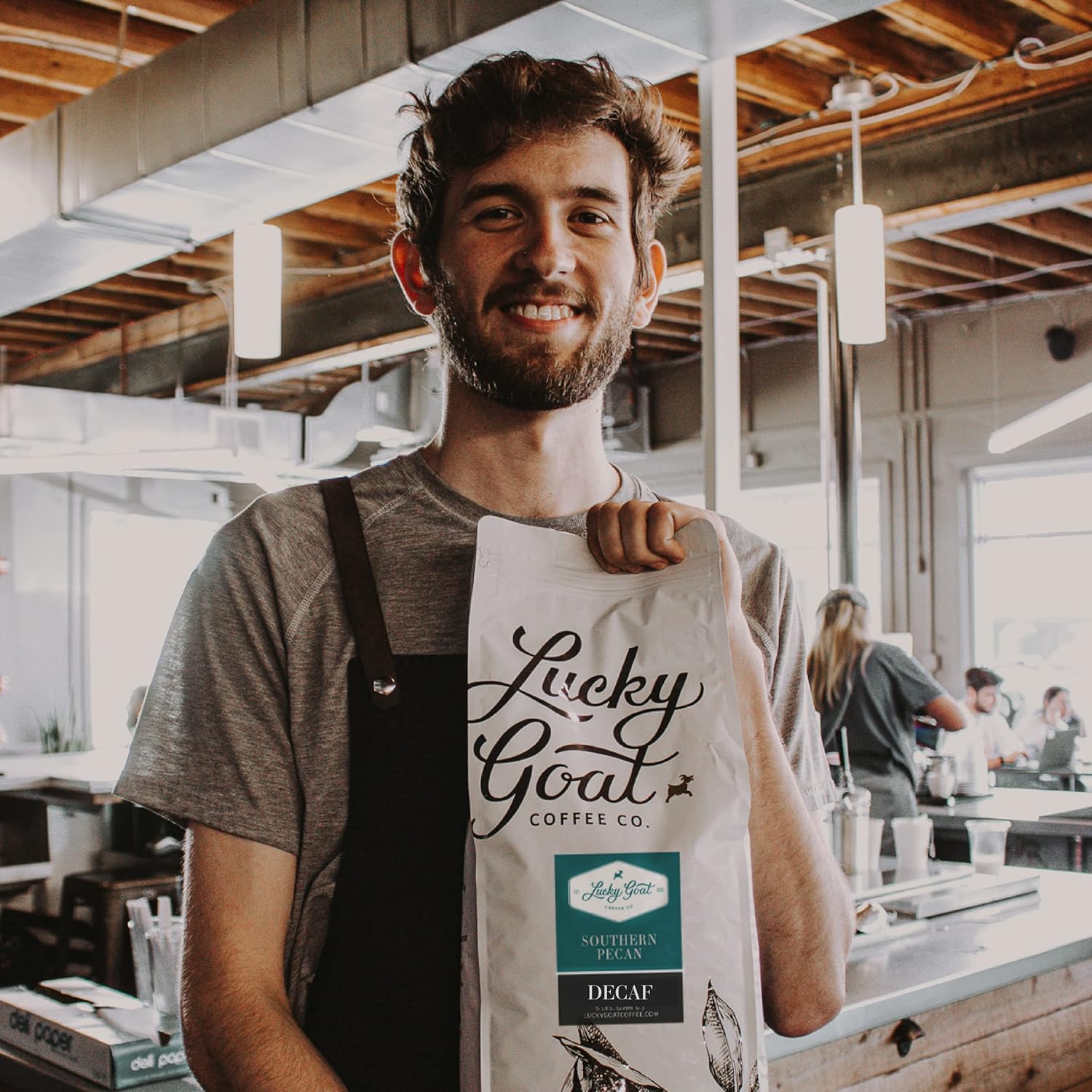 Lucky Goat Flavored Decaf Southern Pecan Coffee – 5 Pounds Bulk Ground - 5lb Bag - Natural Water Process, Nutty & Sweet, Low Acid, Smooth Body, Medium Roast, Gluten Free, Sugar Free, Keto Friendly
