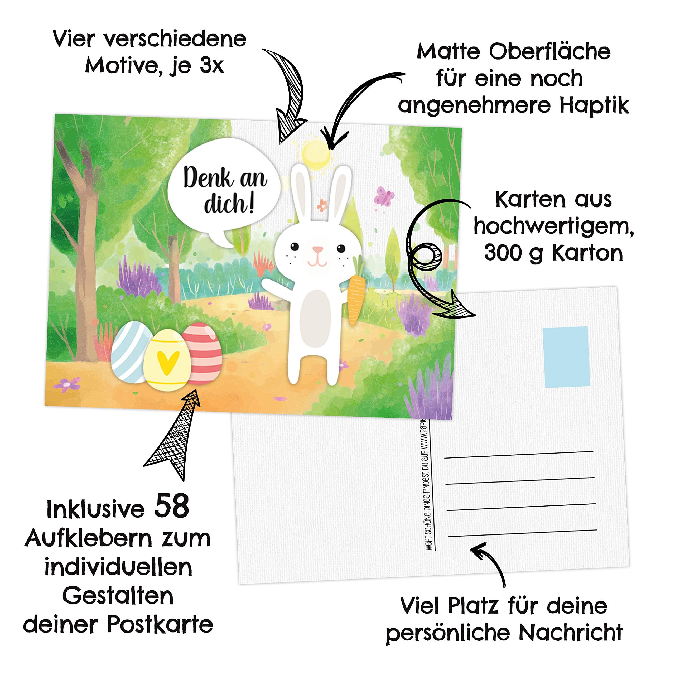 Papierdrachen 12 kartek wielkanocnych do samodzielnego ozdobienia i wysłania – uroczy zestaw kartek pocztowych dla dzieci – każda kartka z życzeniami jest unikatem – zestaw 16 – z naklejkami