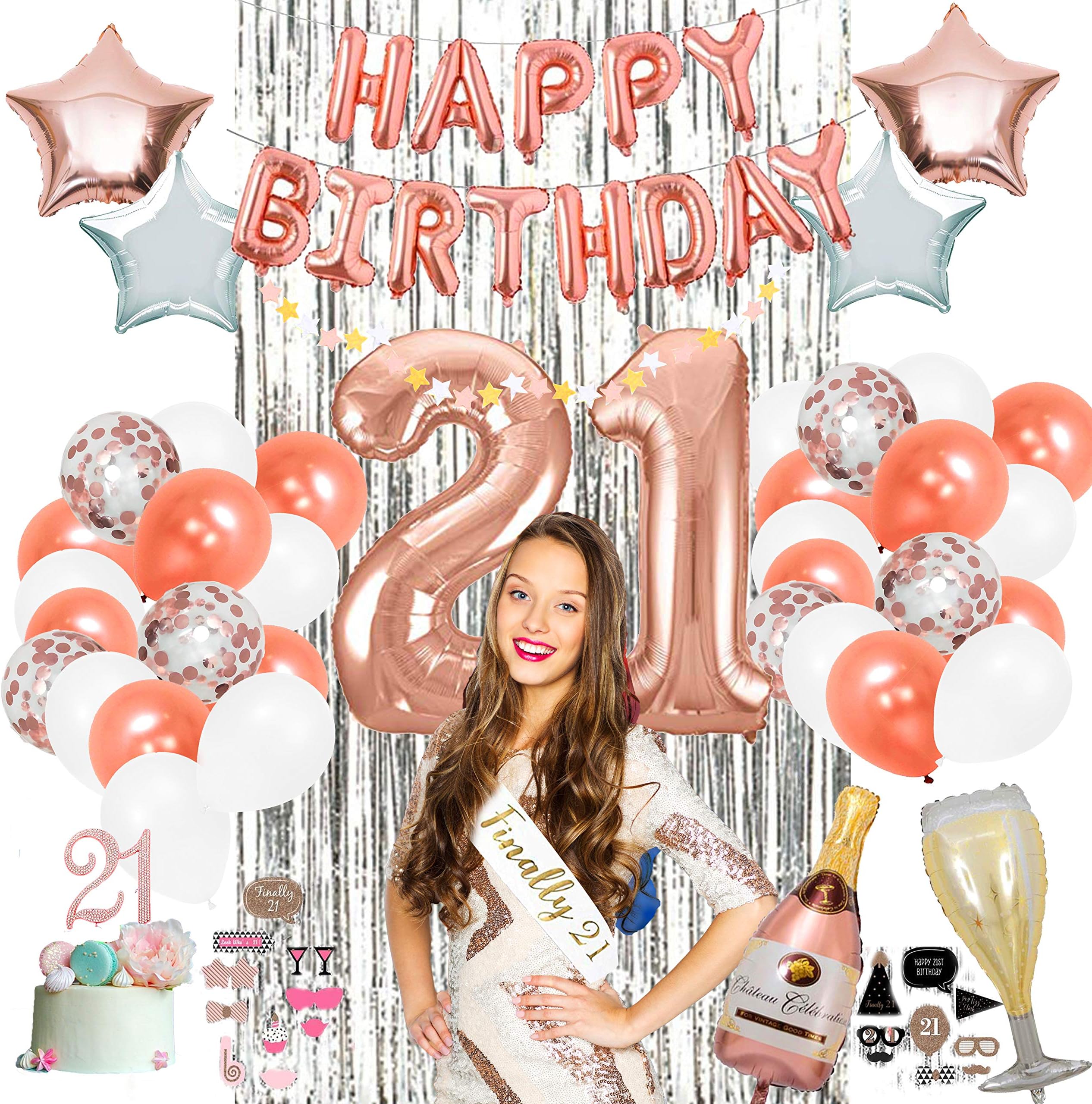 21st Party Supplies by Serene Selection, Rose Gold Birthday Decorations for Girls, Photo Booth Props, Silver Fringe Foil Curtain, Cake Topper, Happy Birthday Balloons, Sash