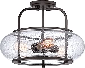 Quoizel Trilogy Semi-Flush Mount Ceiling Light Fixture, 16 Inch 3-Light, Old Bronze Hanging Light with Clear Seeded Glass Shade for Hallway, Kitchen, Bedroom, Dining, Living Room or Office