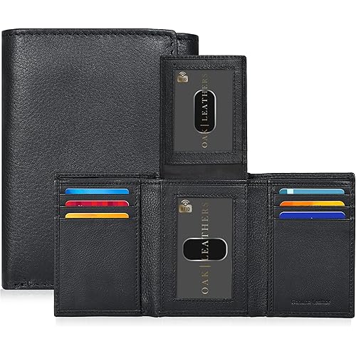 Real Leather Mens Trifold Wallet RFID Blocking Slim Minimalist Front Pocket - Thin & Stylish with ID Window in Gift Box