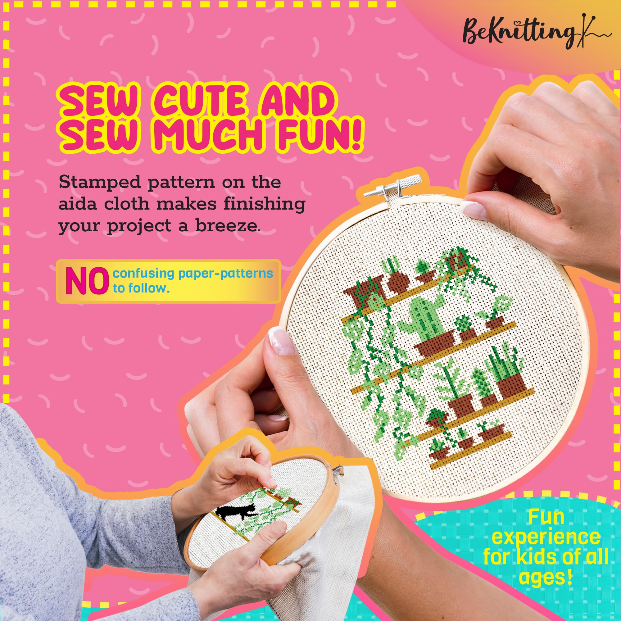 BeKnitting Kit de punto de cruz para principiantes, adultos y niños, patrones de punto de cruz, aro de bordado, hilo dental y agujas