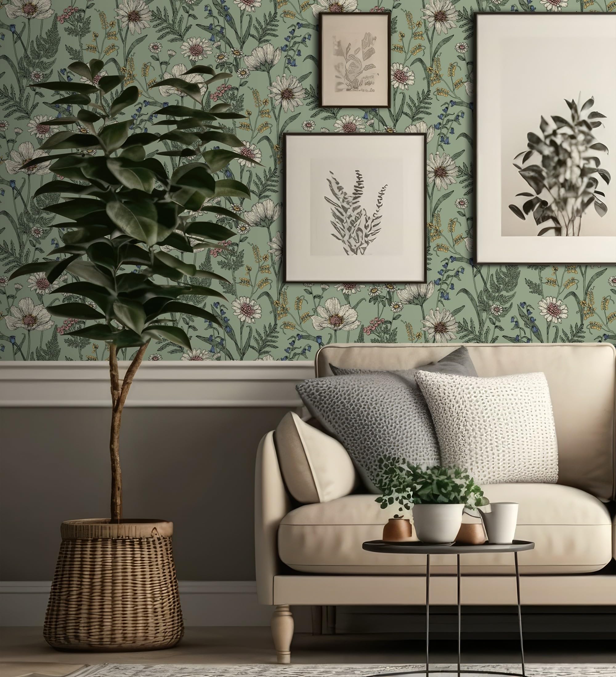GAULAN 682381 - Papel pintado vinílico de flores silvestres con margaritas y amapolas fondo verde para pared salón cocina baño dormitorio pasillo - Rollo de 10 m x 0,52 m